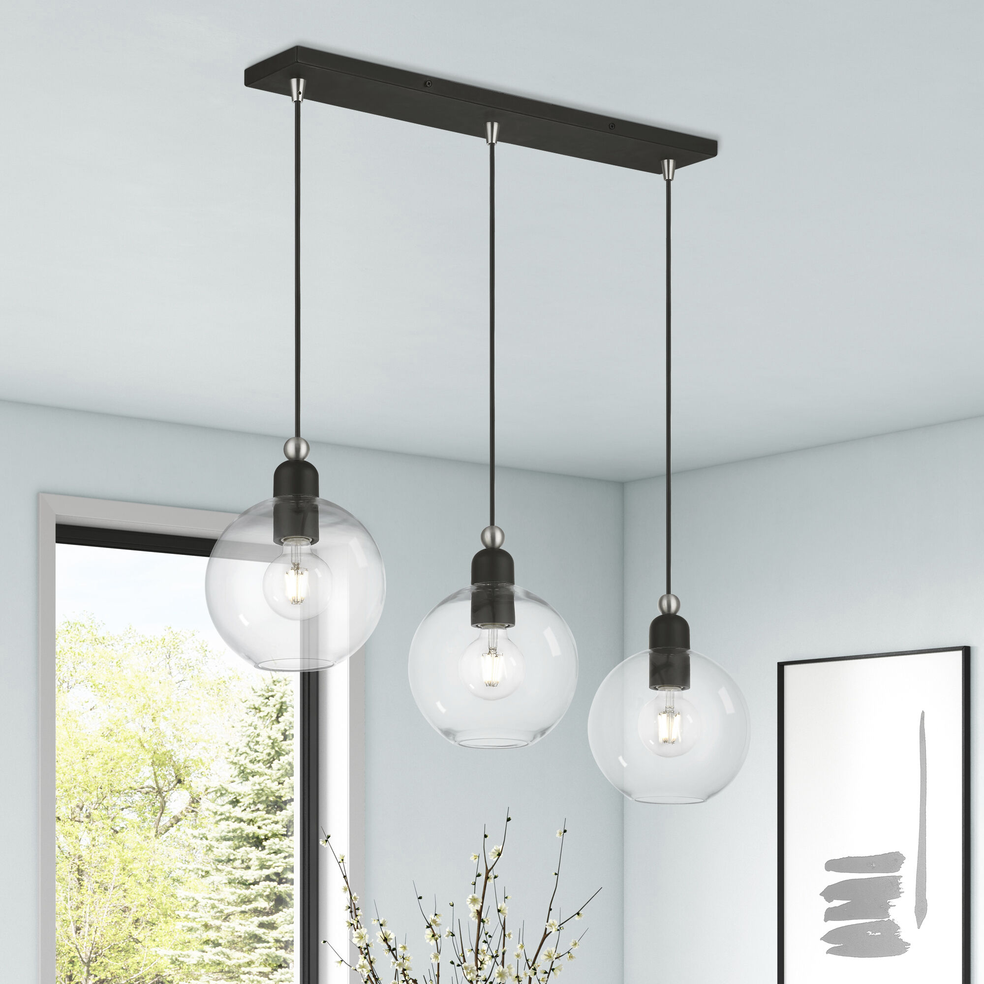 Downtown 3 Light 30 inch Black with Brushed Nickel Accents Linear Chandelier Ceiling Light, Sphere