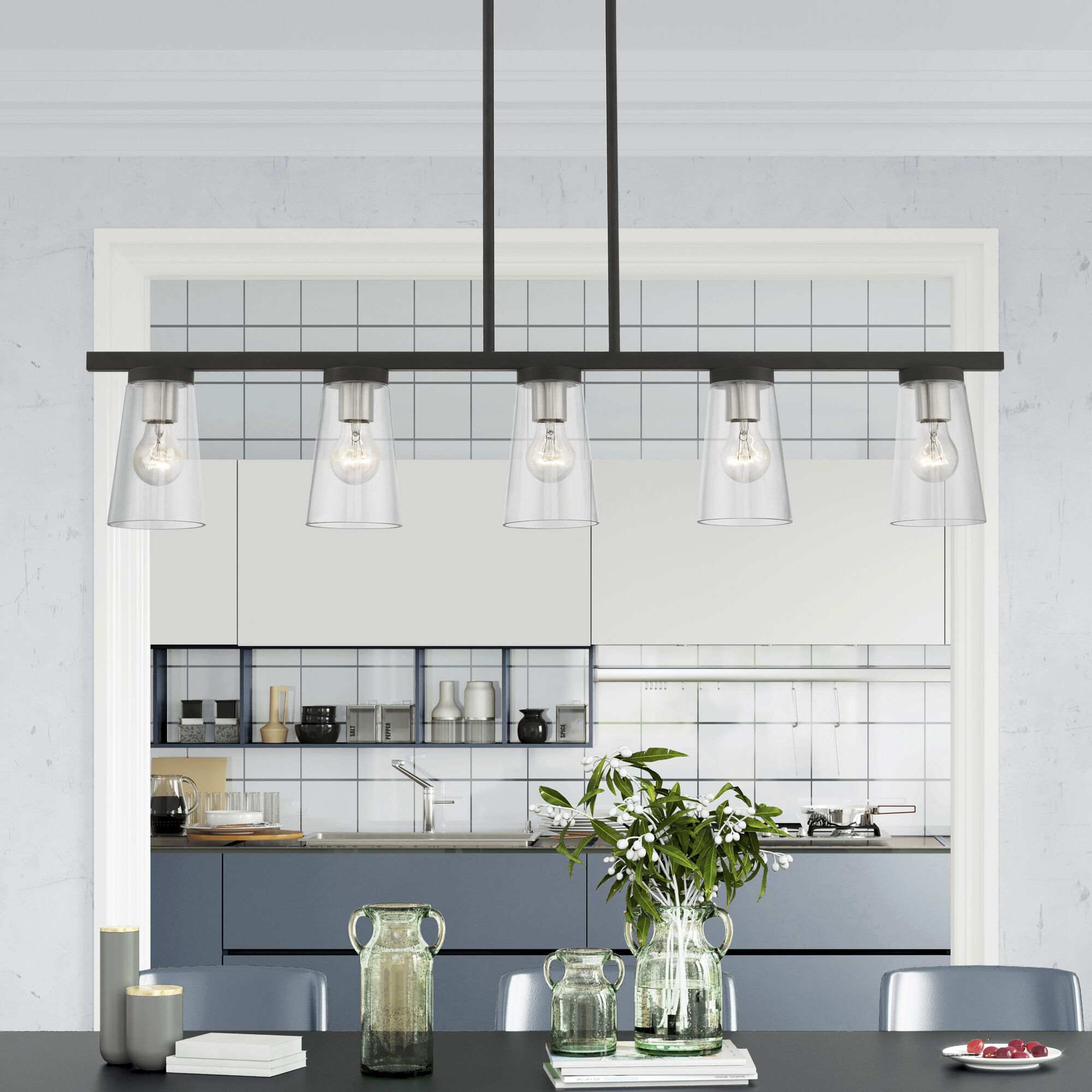 Cityview 5 Light 40 inch Black with Brushed Nickel Accents Linear Chandelier Ceiling Light