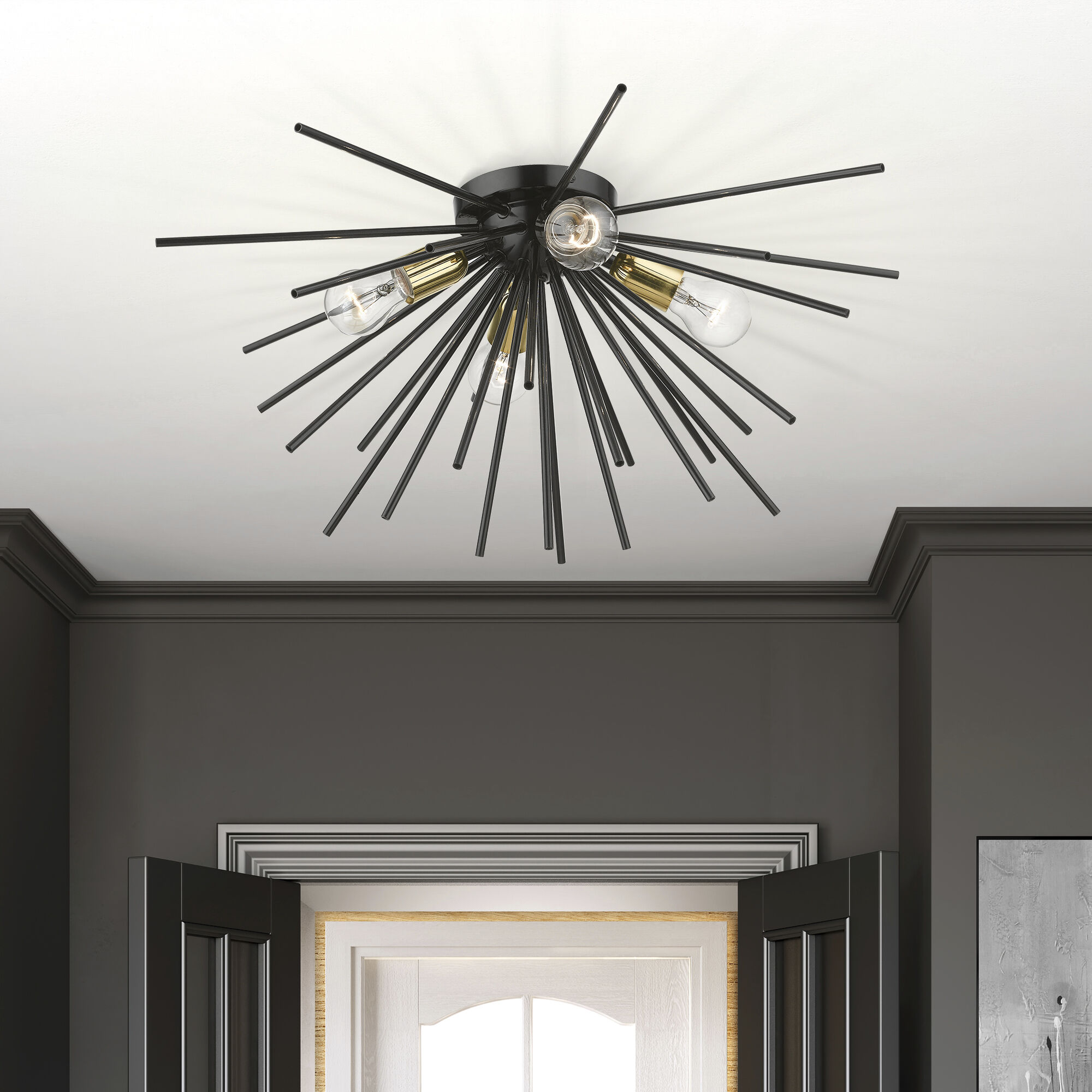 Tribeca 4 Light 25 inch Shiny Black with Polished Brass Accents Flush Mount Ceiling Light, Large