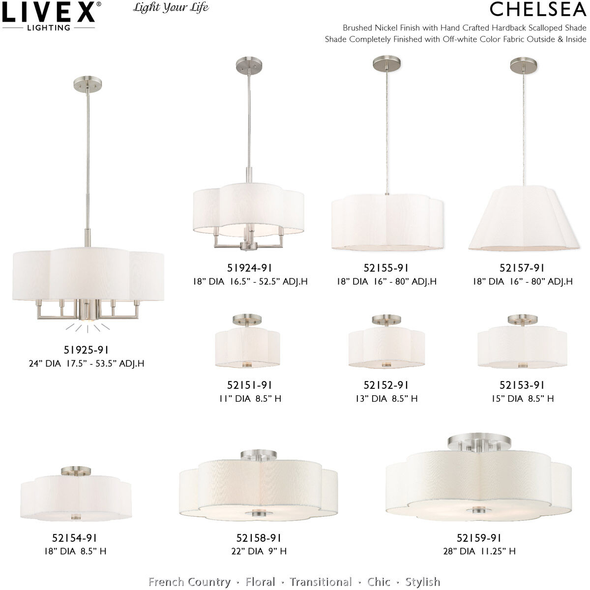 Chelsea 6 Light 24 inch Brushed Nickel Pendant Chandelier Ceiling Light