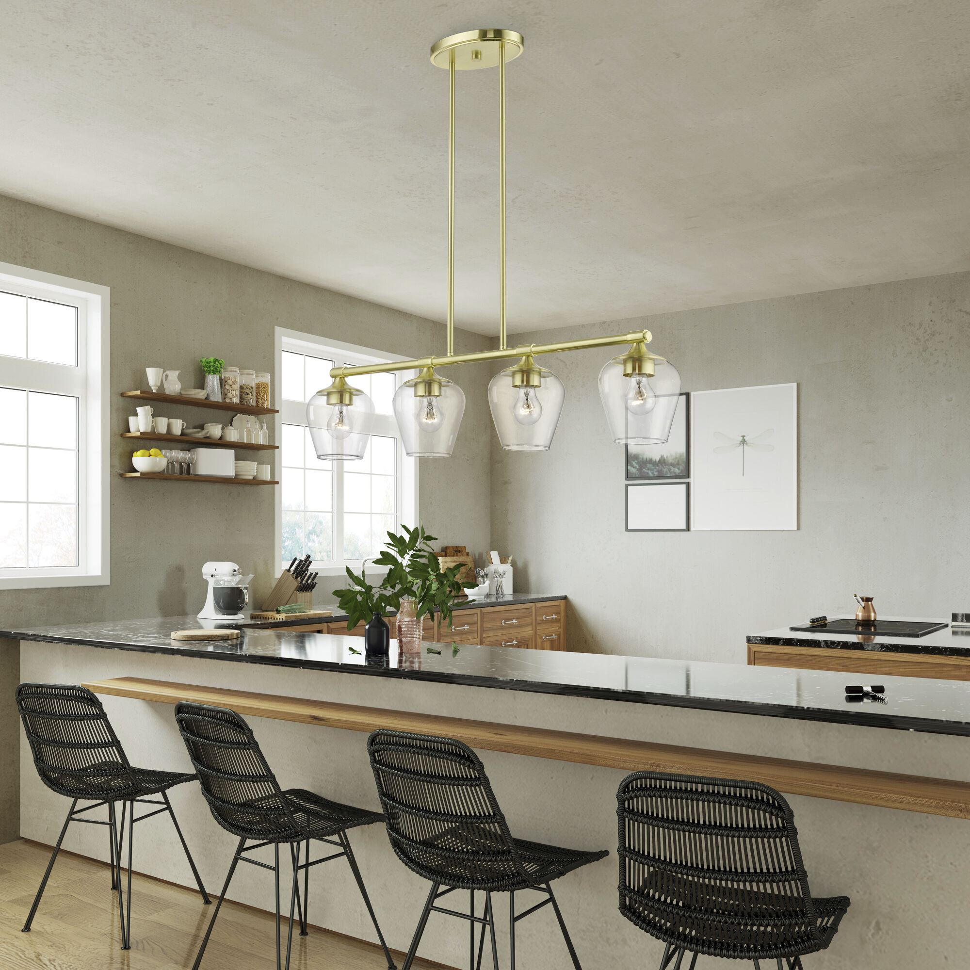 Willow 4 Light 36 inch Satin Brass Linear Chandelier Ceiling Light