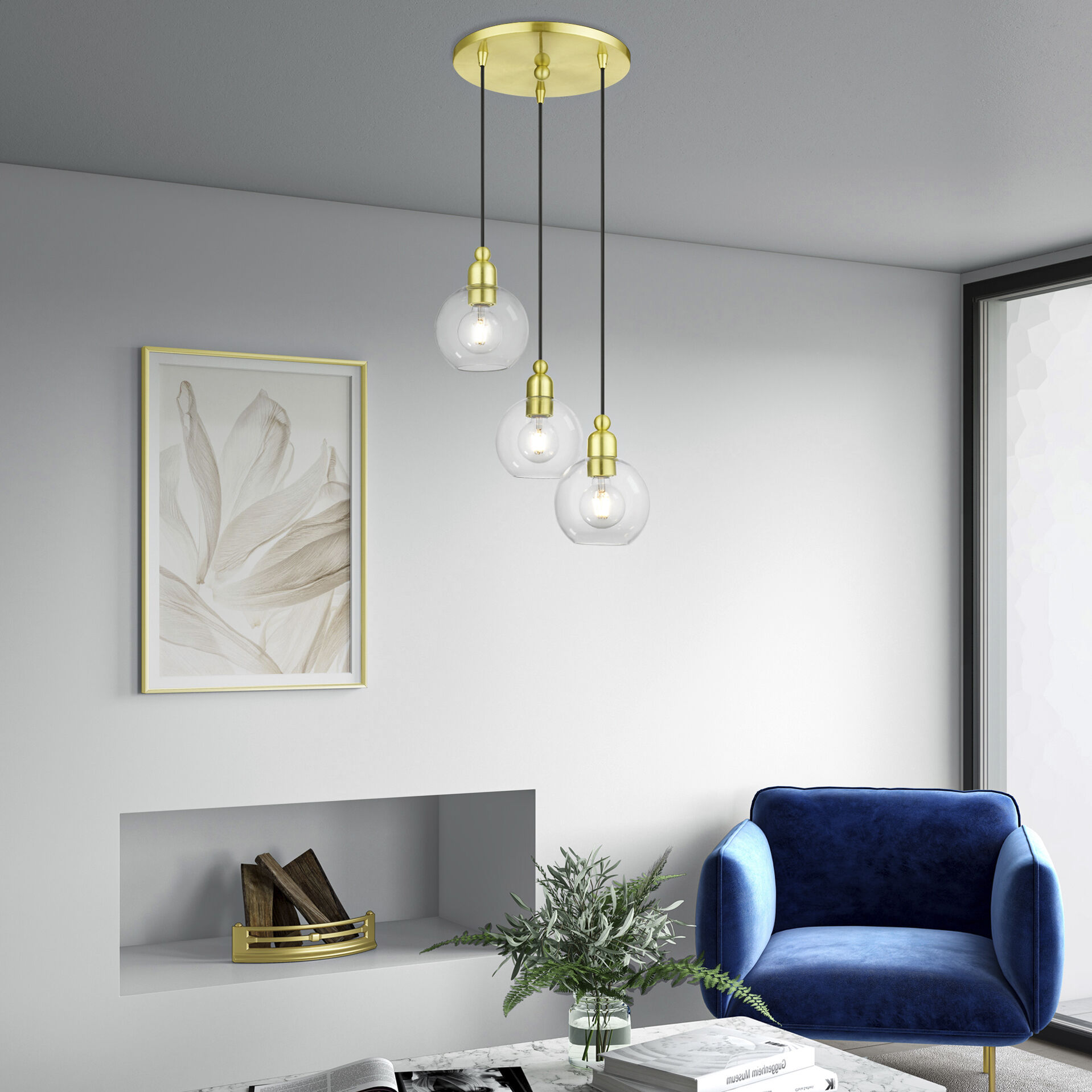 Downtown 3 Light 16 inch Satin Brass Multi Pendant Ceiling Light, Sphere