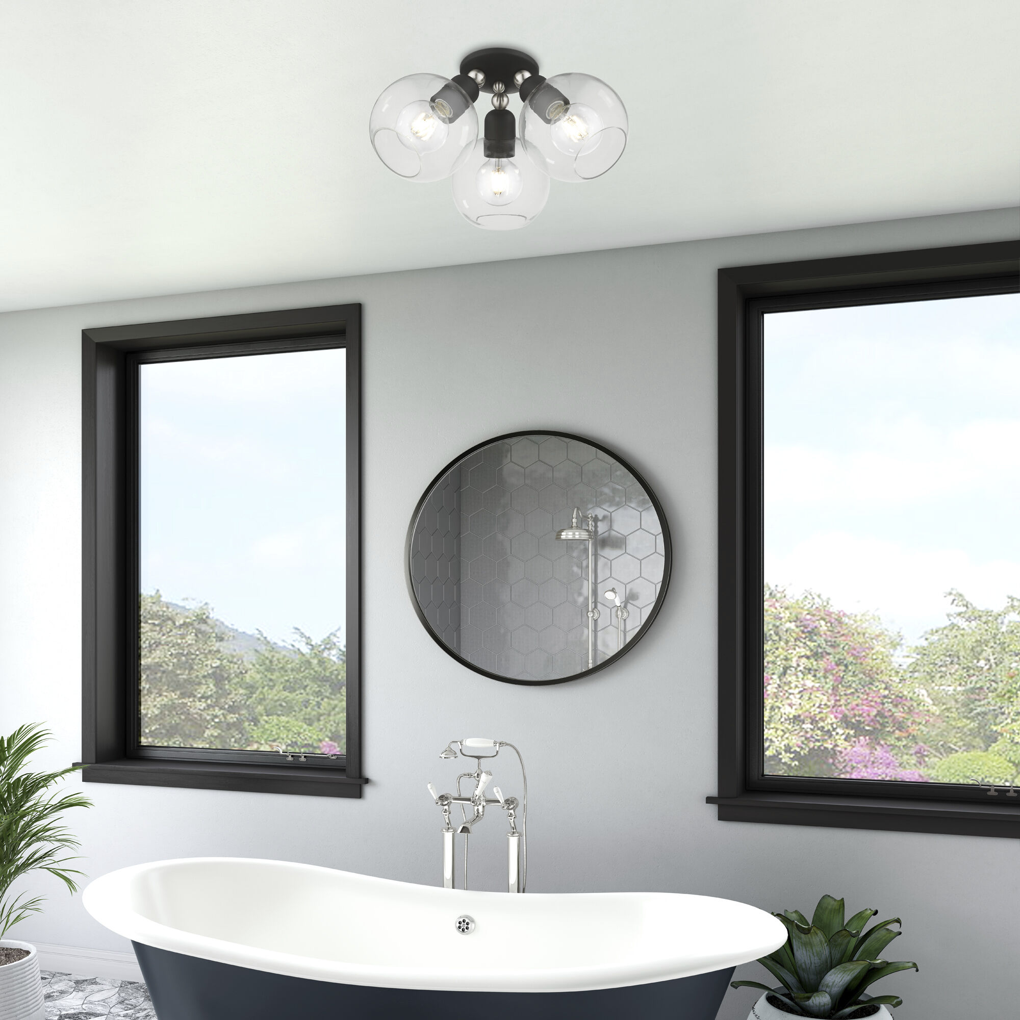 Downtown 3 Light 16 inch Black with Brushed Nickel Accents Semi-Flush Ceiling Light, Sphere