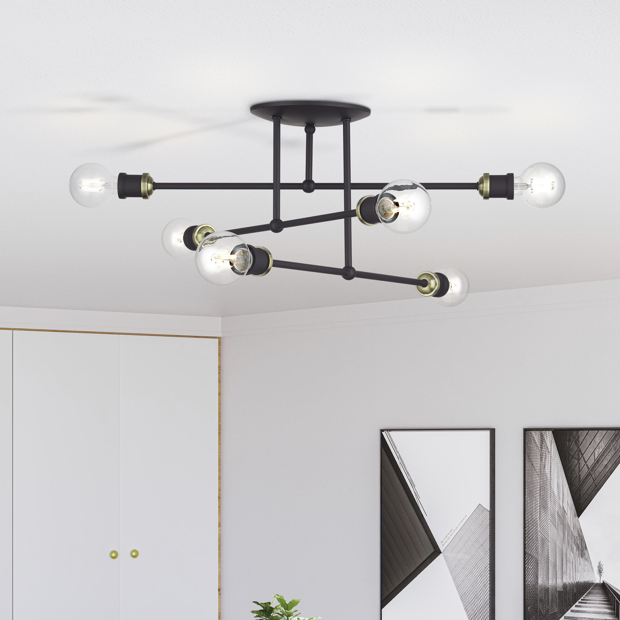 Delacroix 6 Light 28 inch Bronze with Antique Brass Accents Semi-Flush Ceiling Light