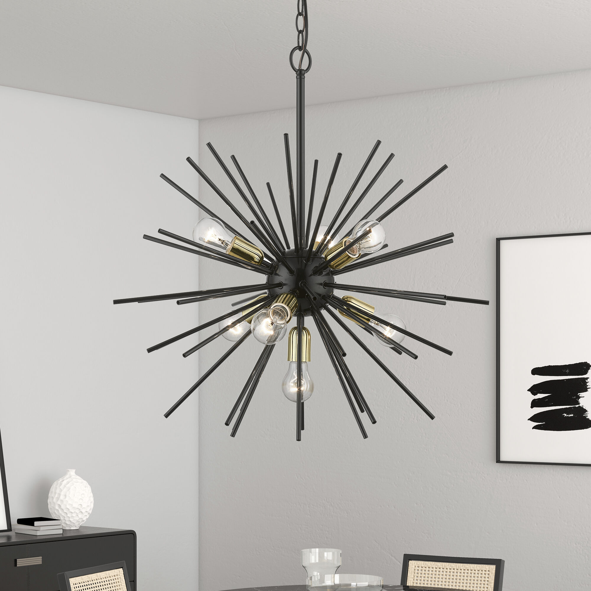 Tribeca 7 Light 25 inch Shiny Black with Polished Brass Accents Pendant Chandelier Ceiling Light