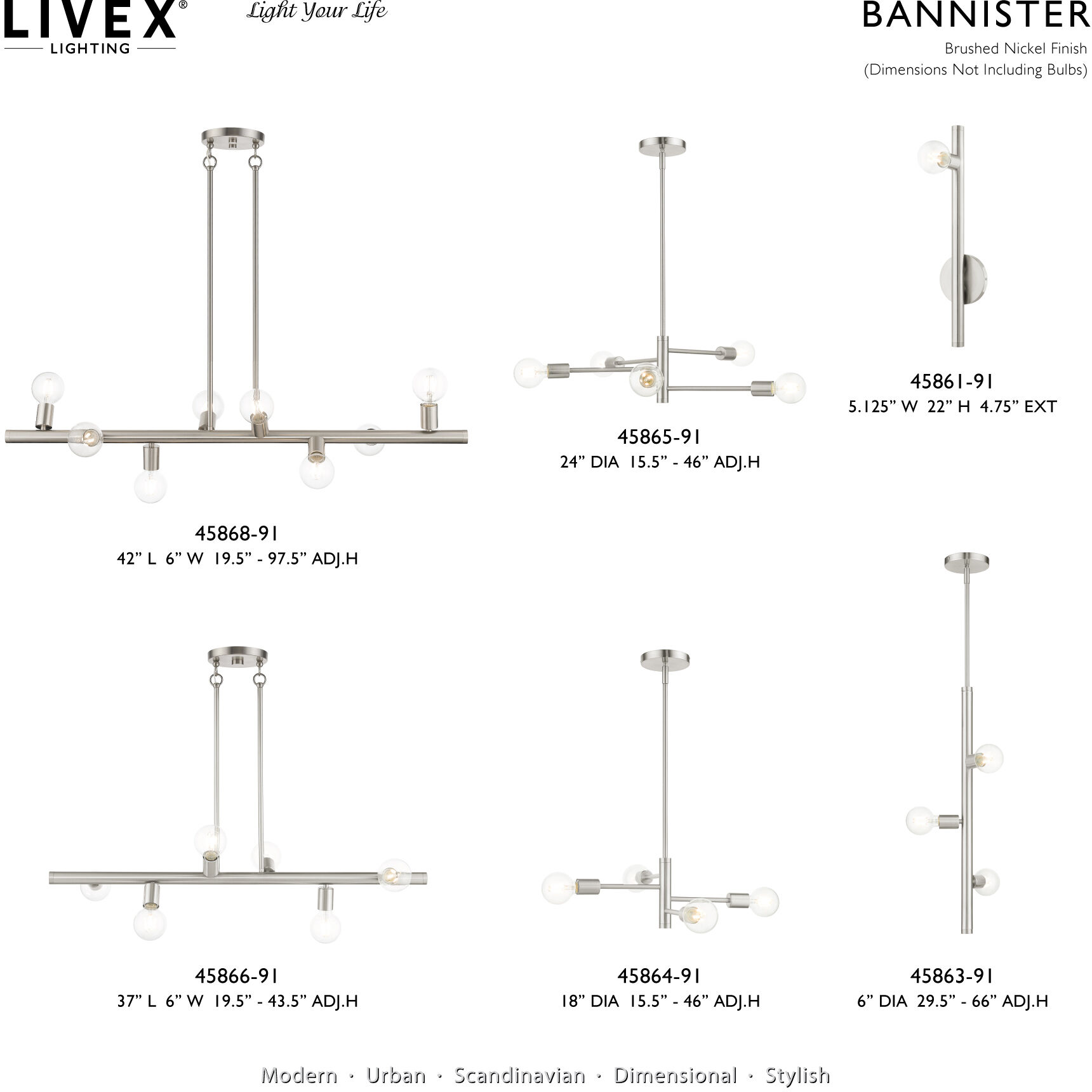 Bannister 8 Light 42 inch Brushed Nickel Linear Chandelier Ceiling Light, Large