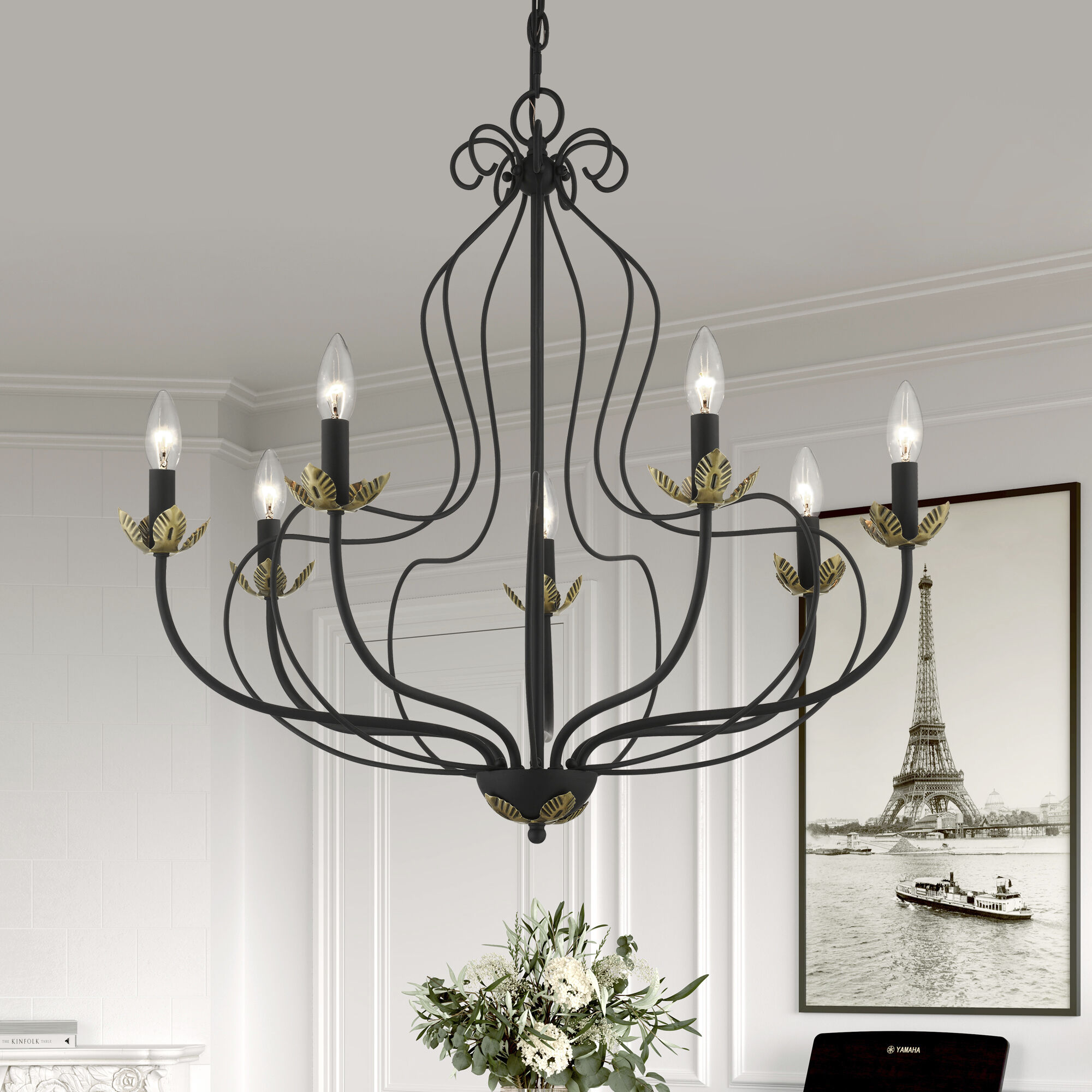 Katarina 7 Light 28 inch Black with Antique Brass Accents Chandelier Ceiling Light