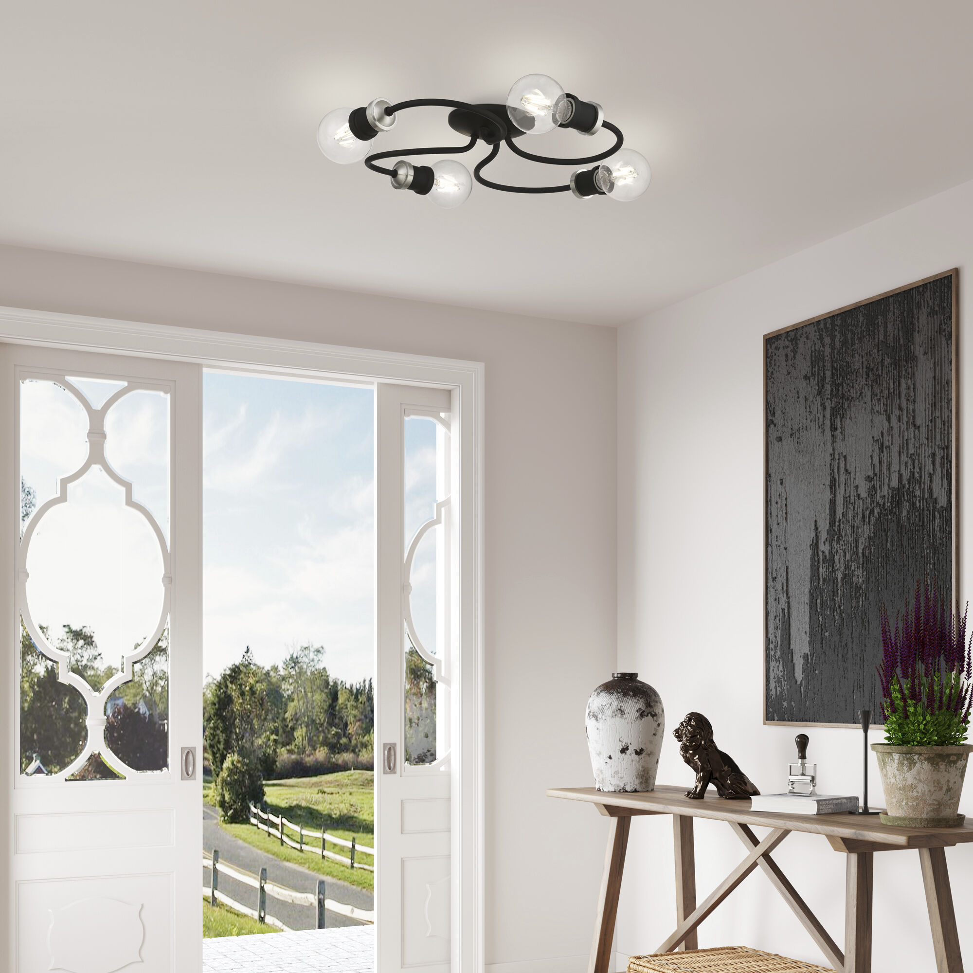 Bromley 4 Light 16 inch Black with Brushed Nickel Accents Flush Mount Ceiling Light, Large