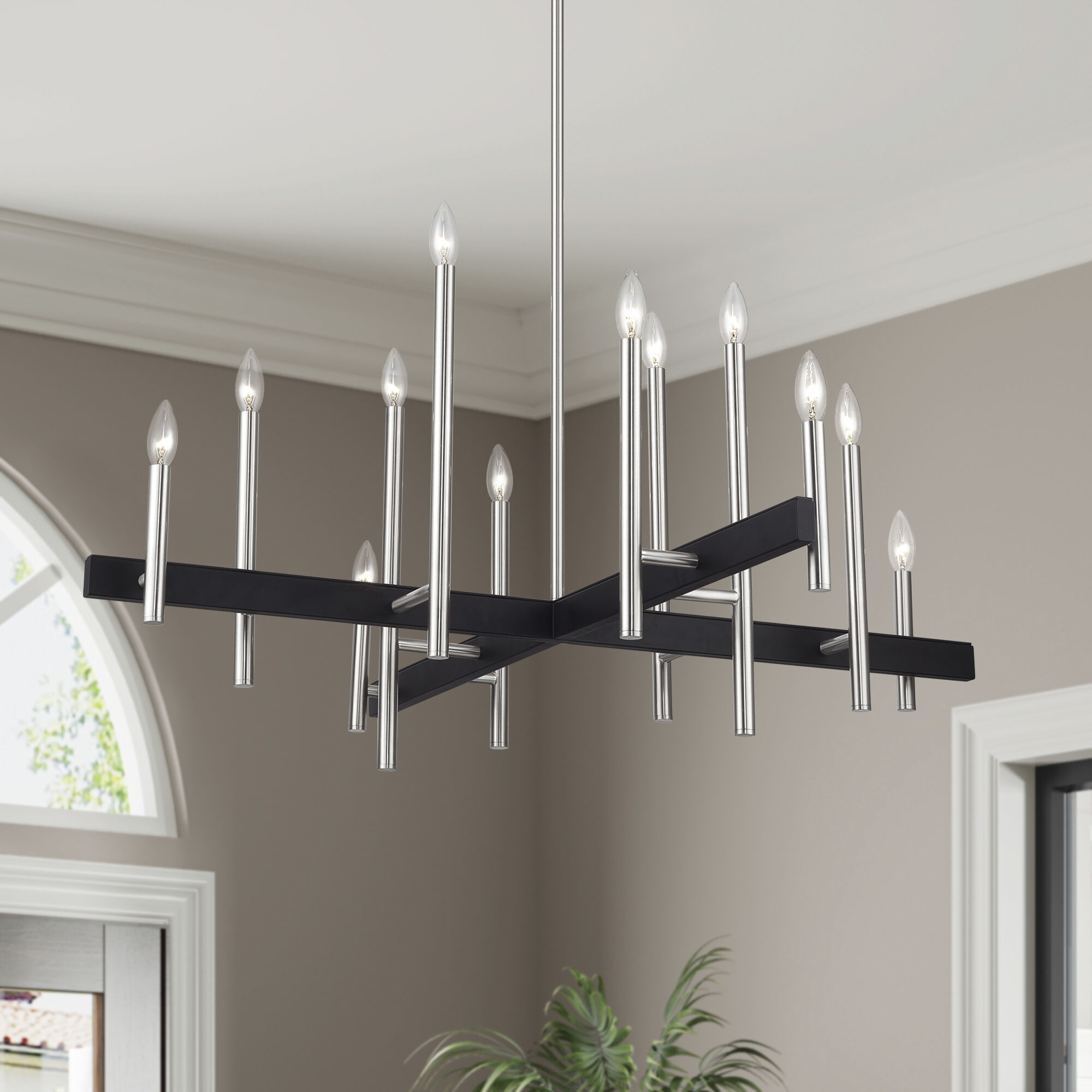 Denmark 12 Light Brushed Nickel with Black Accents Linear Chandelier Ceiling Light