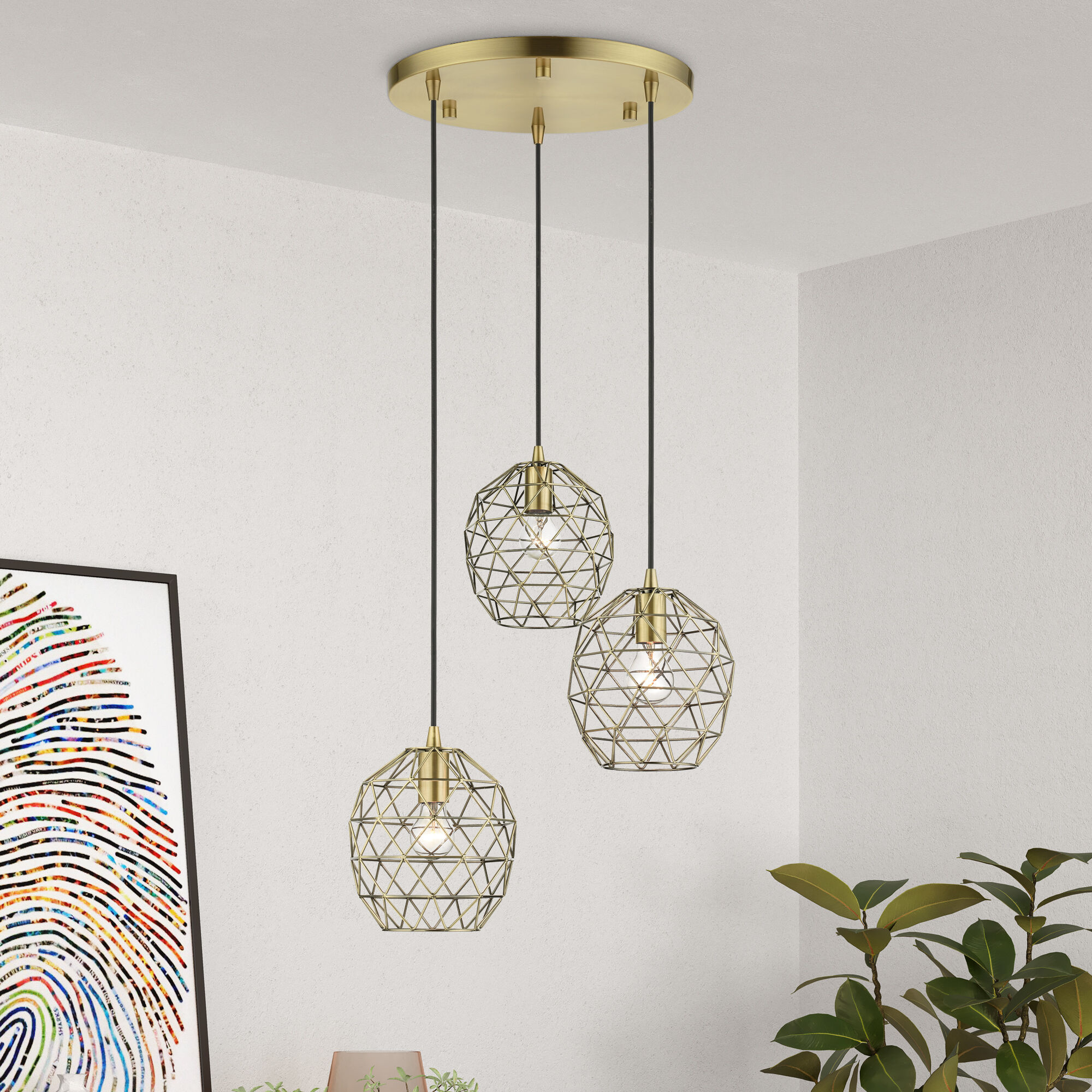 Geometrix 3 Light 20 inch Antique Brass Pendant Ceiling Light
