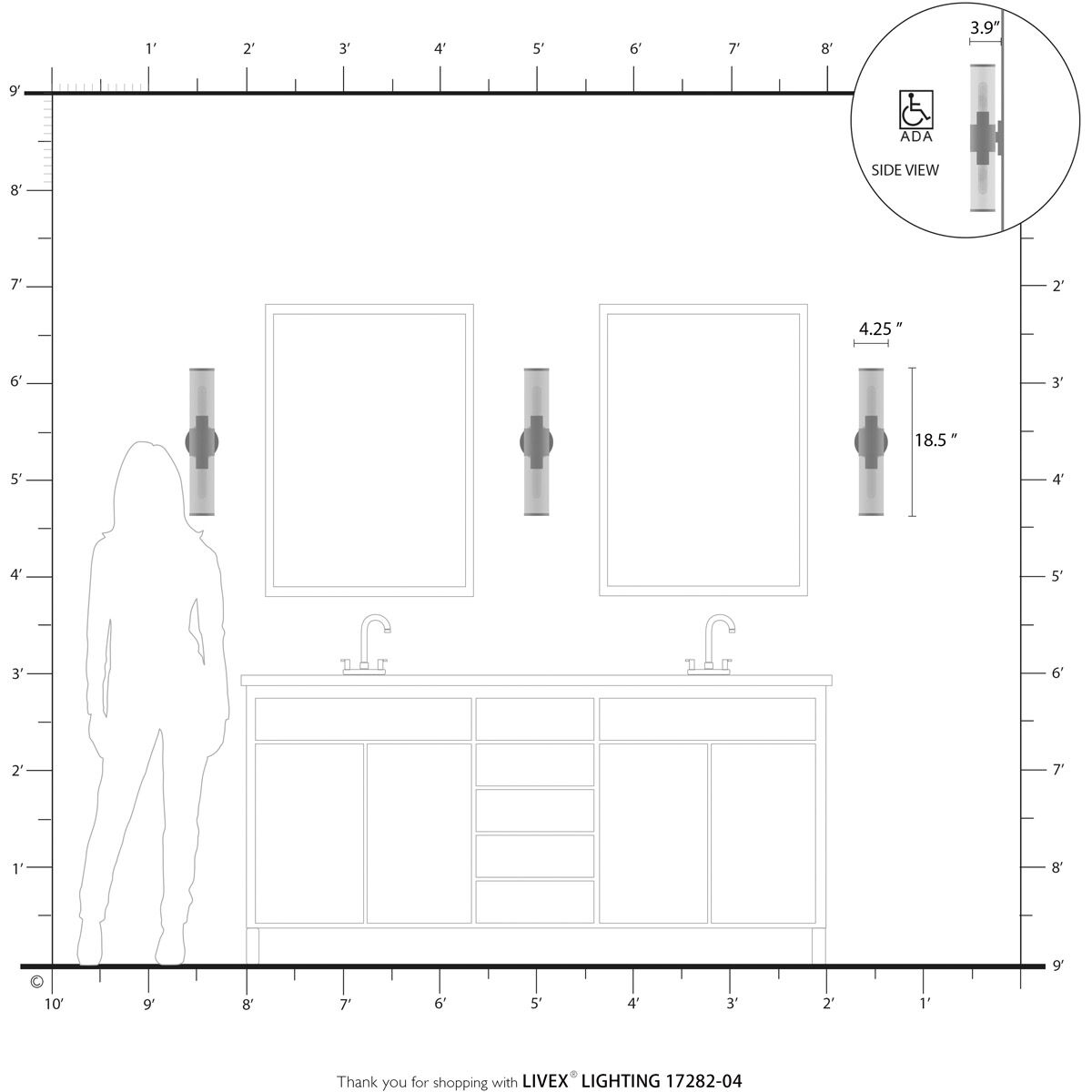 Banca 2 Light 4 inch Black with Brushed Nickel Accent ADA Vanity Sconce Wall Light