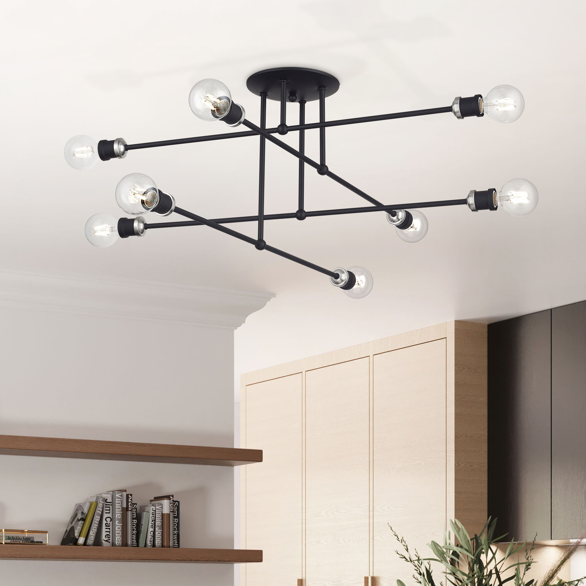 Delacroix 8 Light 35 inch Black with Brushed Nickel Accents Semi-Flush Ceiling Light