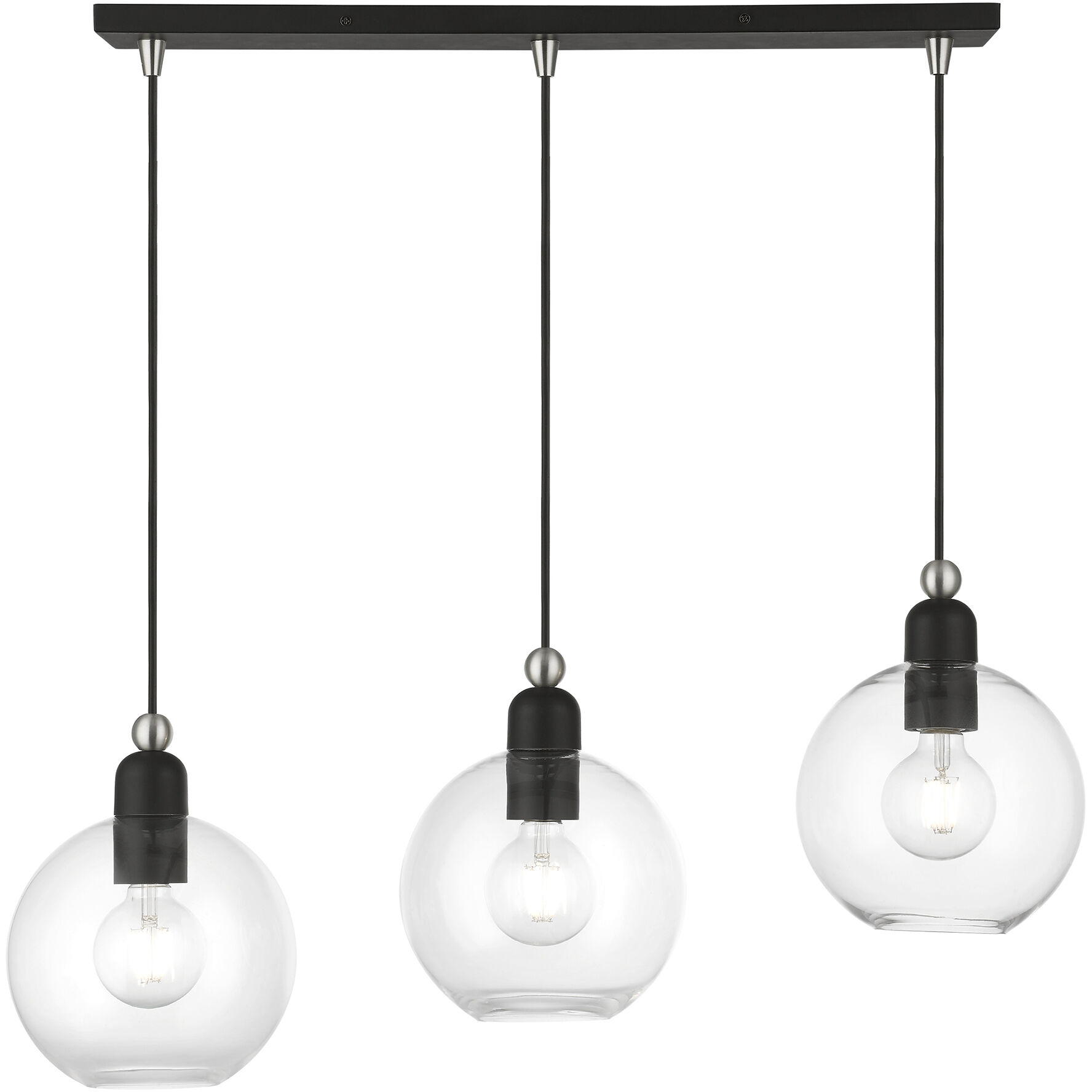 Downtown 3 Light 30 inch Black with Brushed Nickel Accents Linear Chandelier Ceiling Light, Sphere