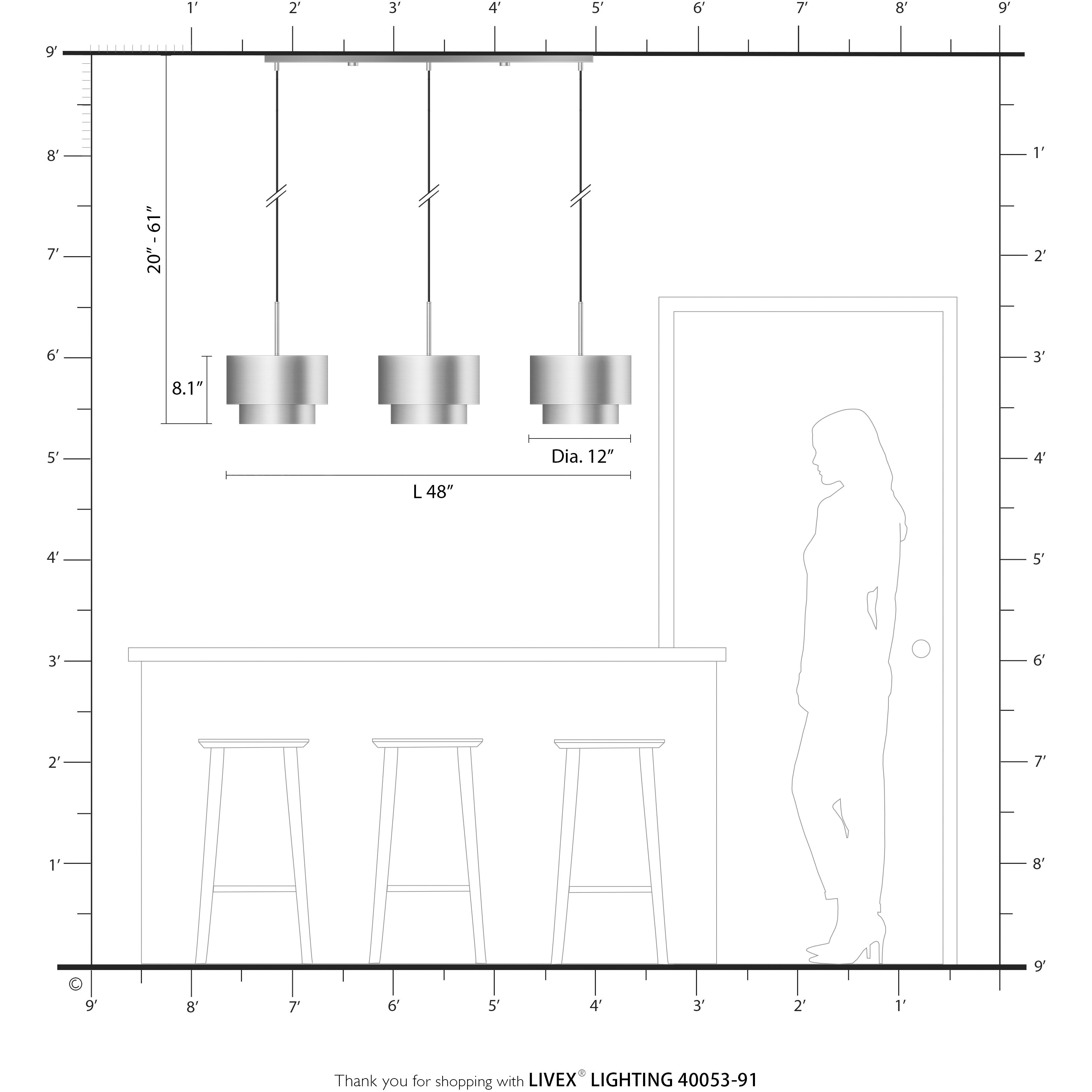 Zolana 3 Light 48 inch Brushed Nickel Linear Chandelier Ceiling Light, Extra Large