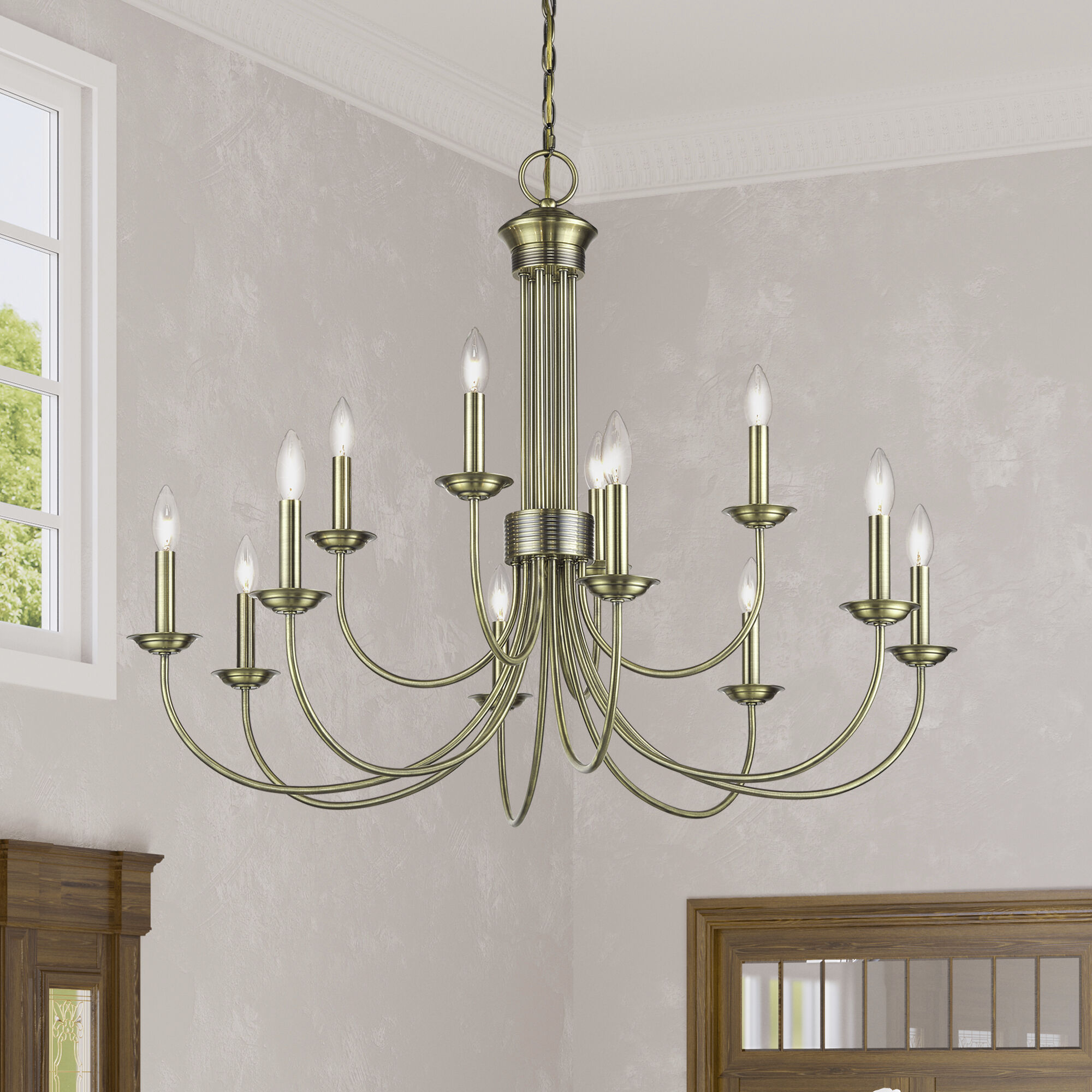 Estate 12 Light 36 inch Antique Brass 2-Tier Chandelier Ceiling Light