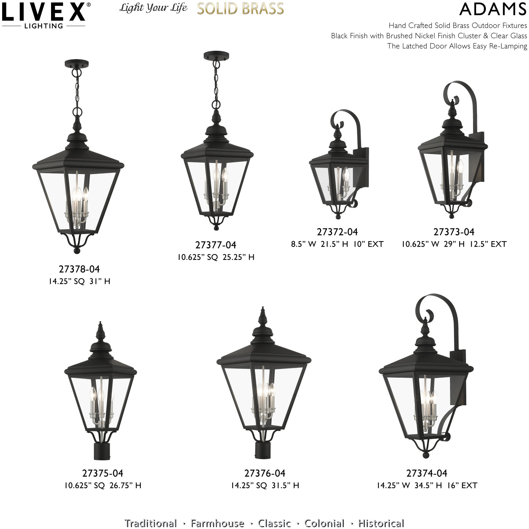 Adams 3 Light 10.63 inch Black with Brushed Nickel Finish Cluster Outdoor Large Wall Lantern Wall Light