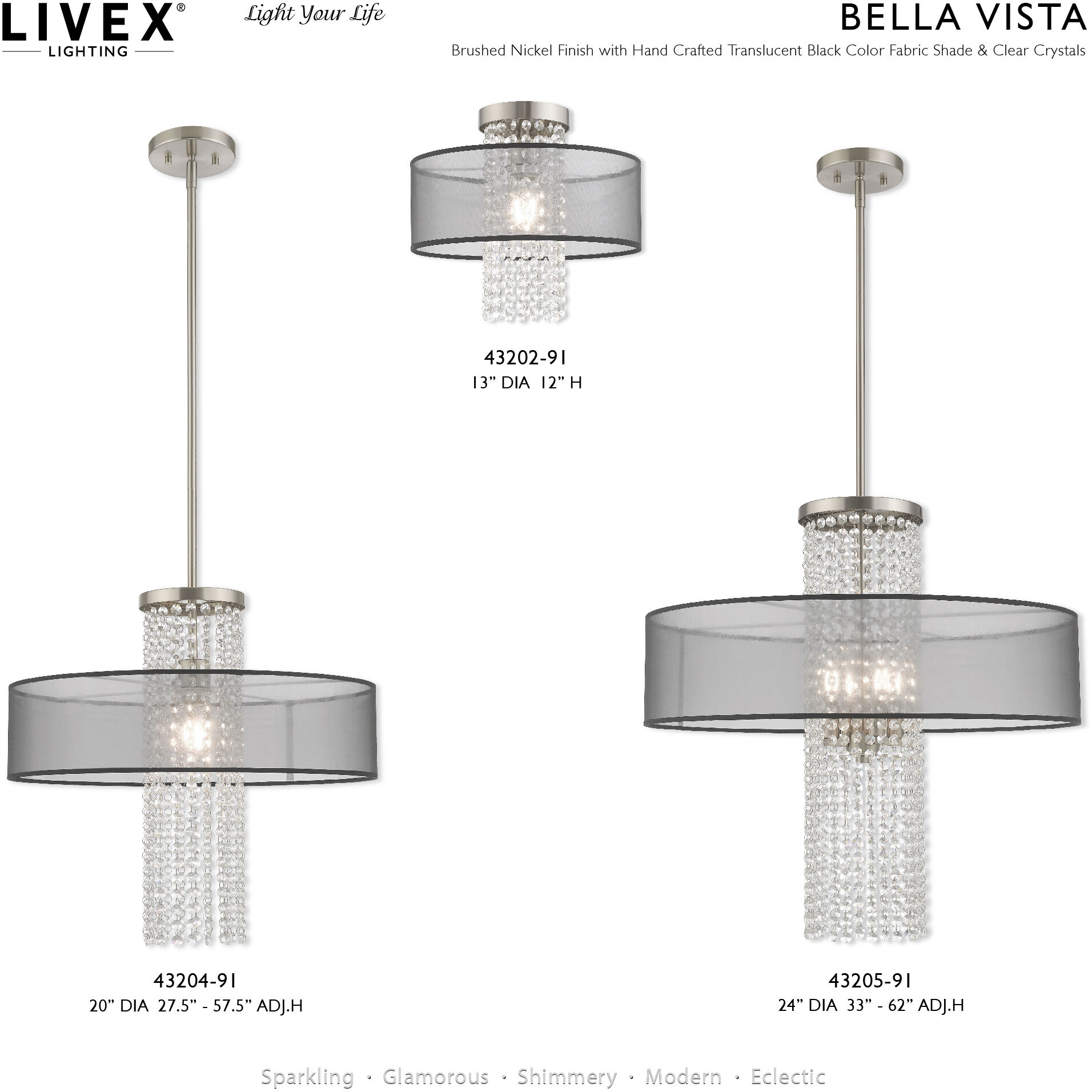 Bella Vista 1 Light 20 inch Brushed Nickel Pendant Chandelier Ceiling Light