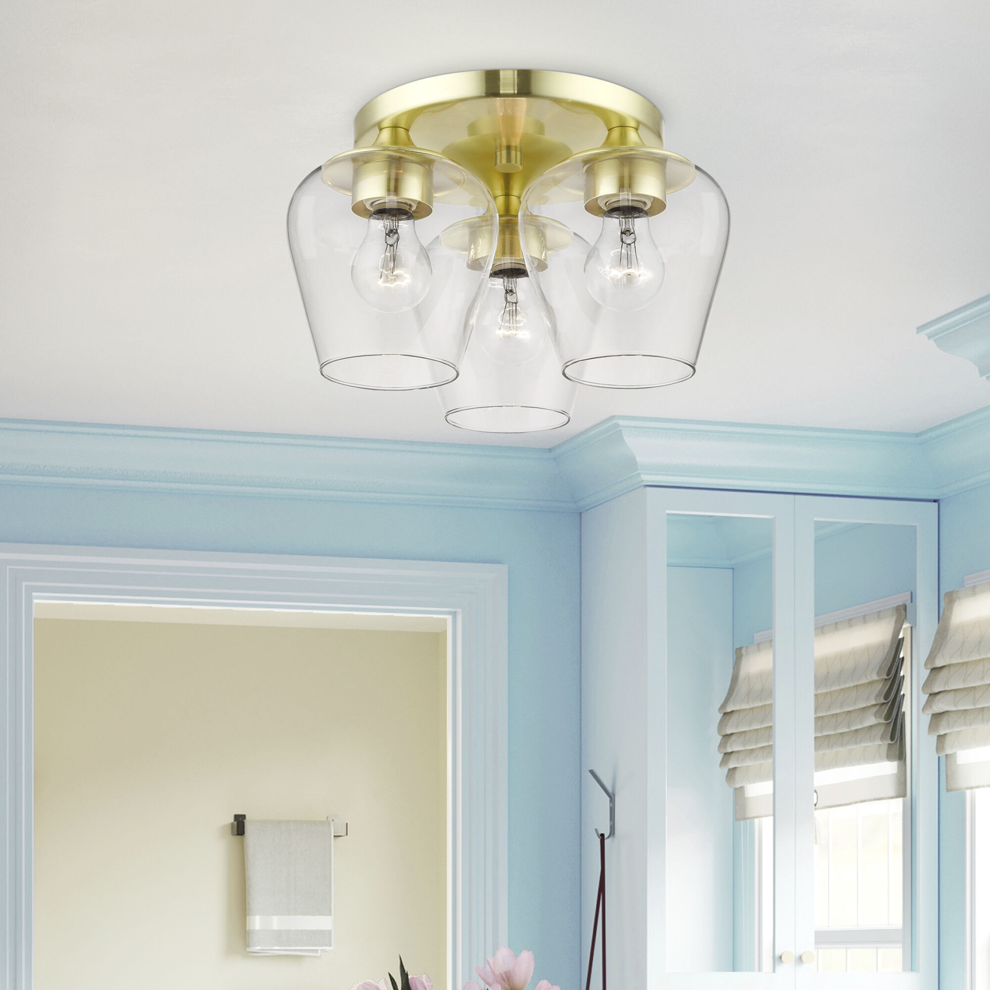 Willow 3 Light 13 inch Satin Brass Flush Mount Ceiling Light