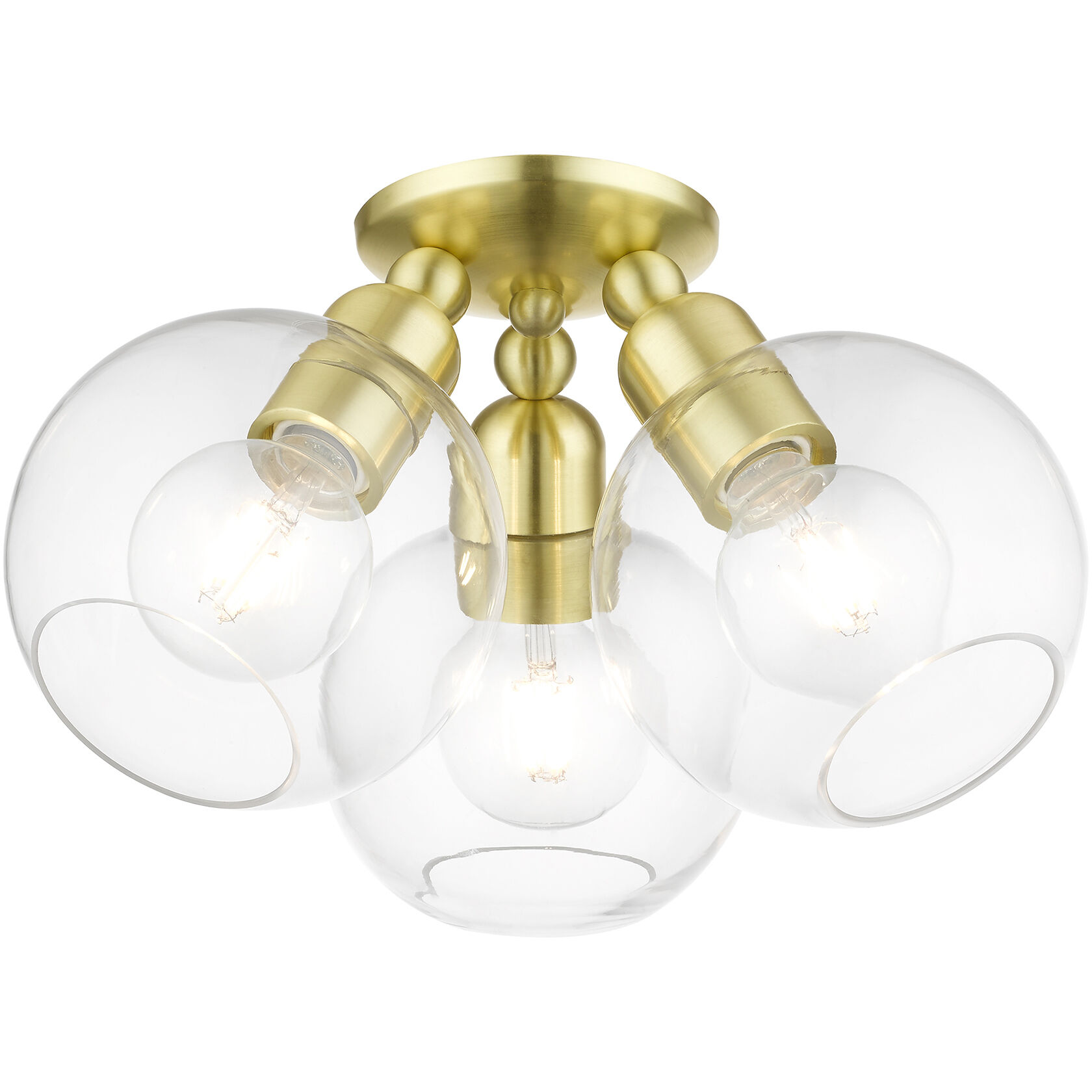Downtown 3 Light 16 inch Satin Brass Semi-Flush Ceiling Light, Sphere