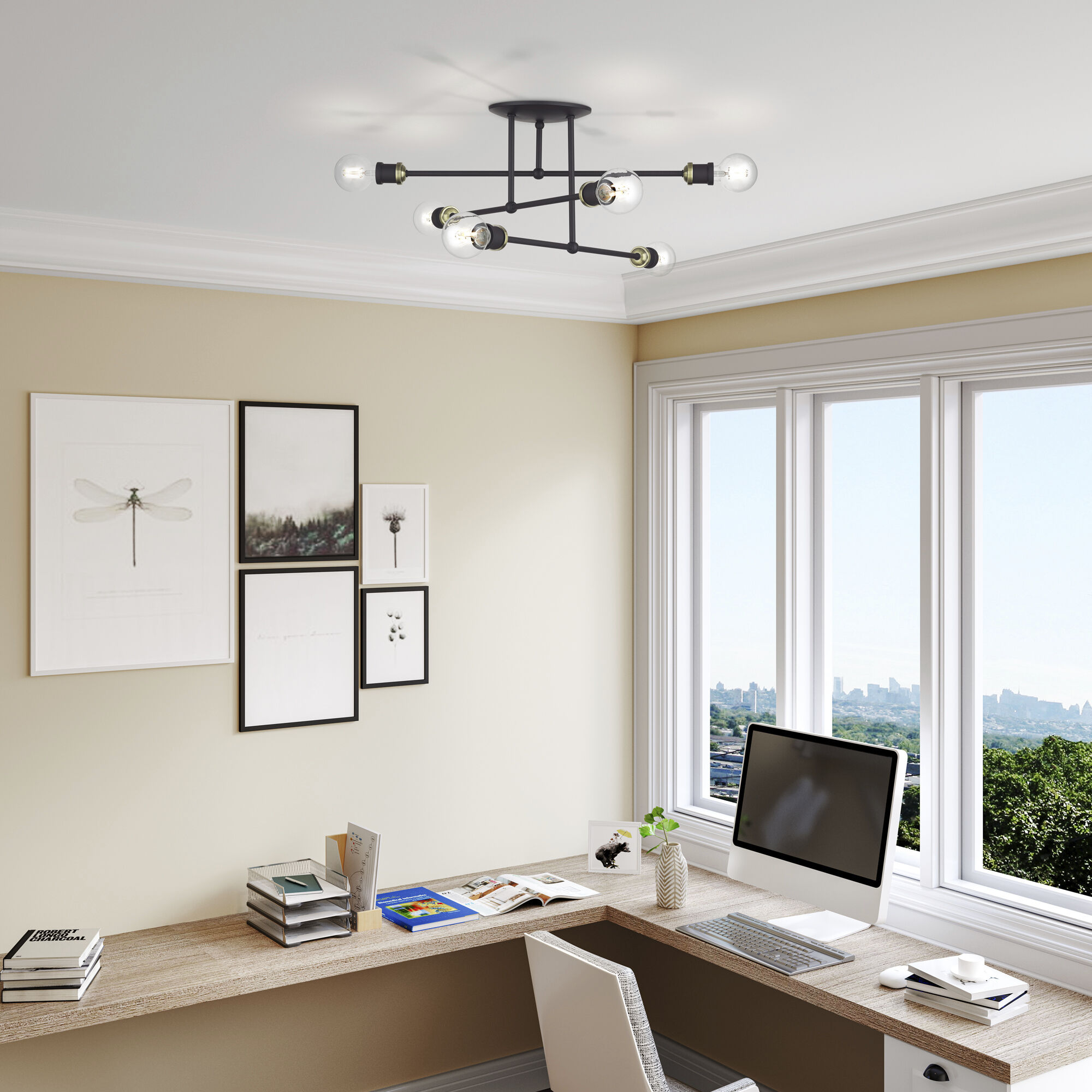 Delacroix 6 Light 28 inch Bronze with Antique Brass Accents Semi-Flush Ceiling Light