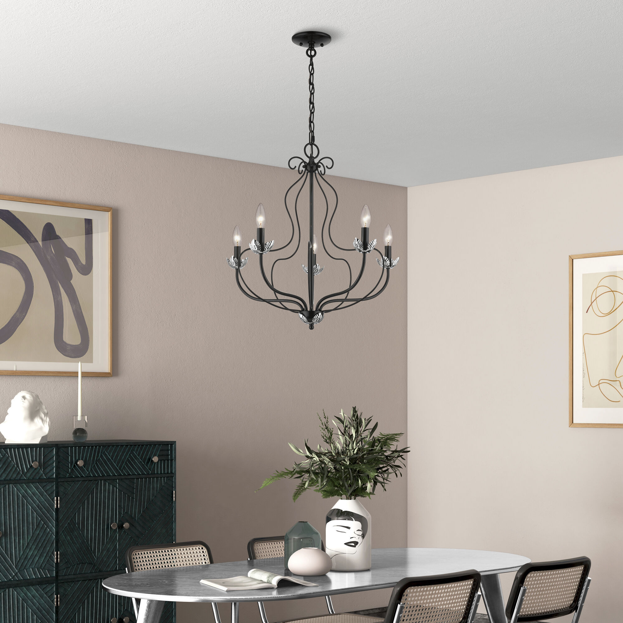 Katarina 5 Light 23 inch Shiny Black with Polished Chrome Accents Chandelier Ceiling Light