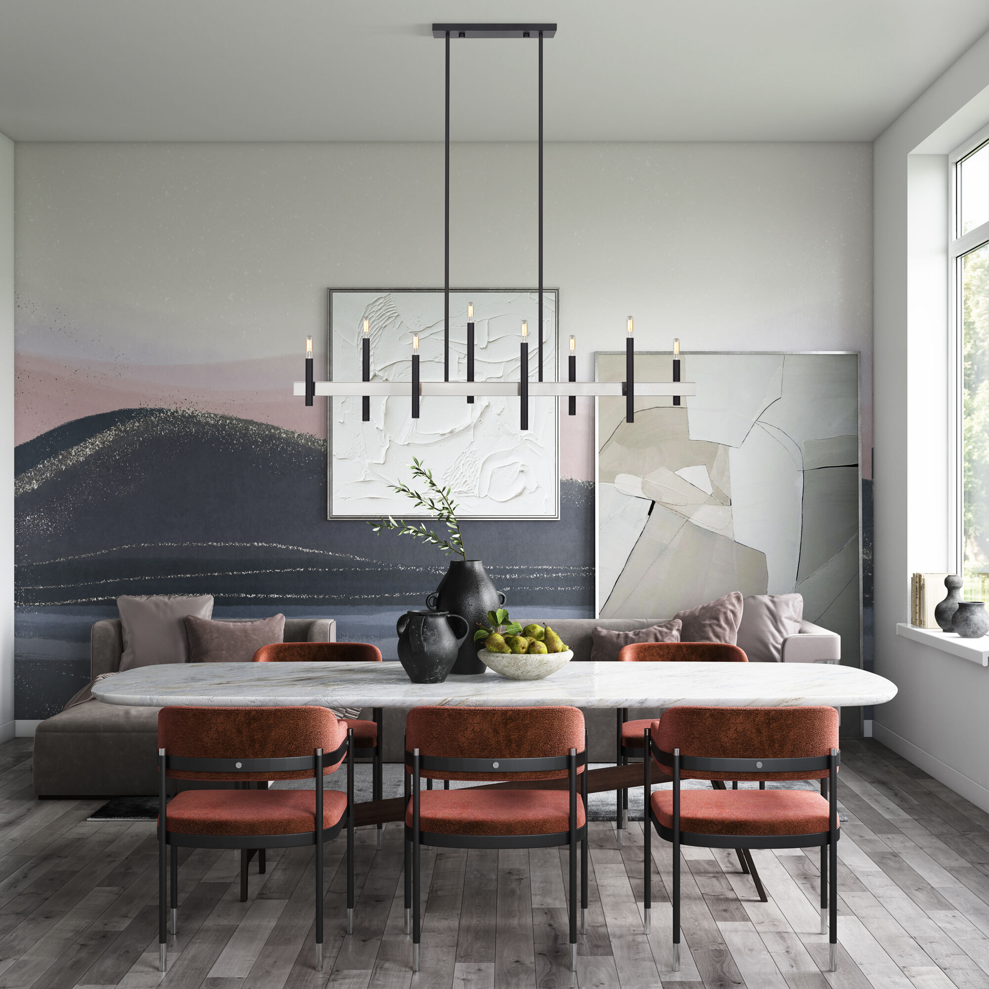 Denmark 8 Light 48 inch Black with Brushed Nickel Accents Linear Chandelier Ceiling Light