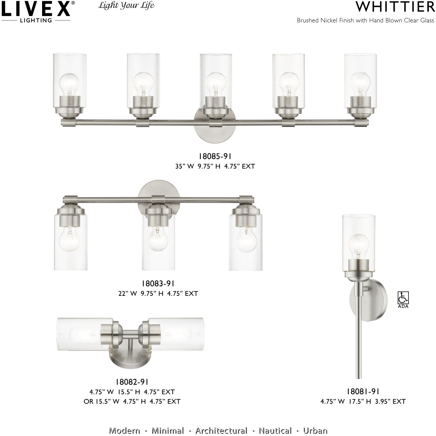 Whittier 5 Light 35 inch Brushed Nickel Vanity Wall Sconce Wall Light, Large