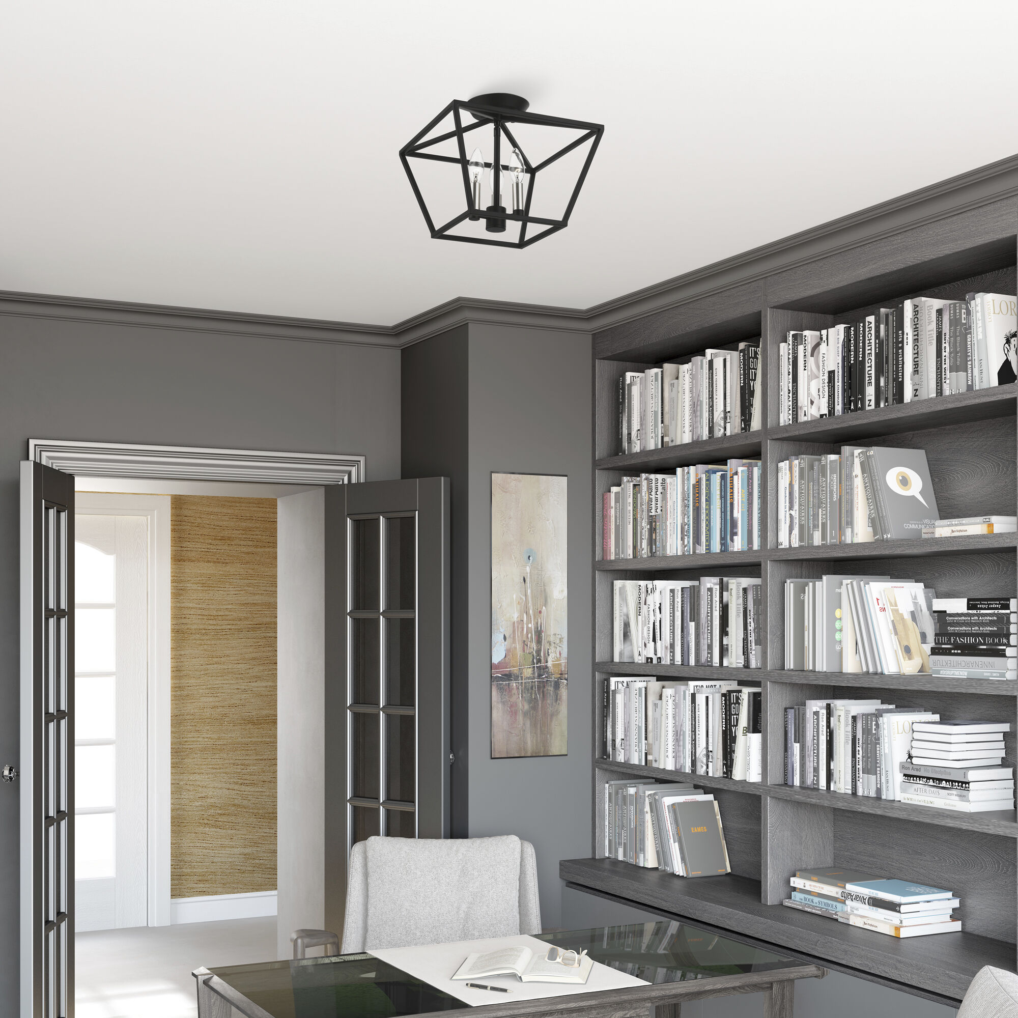 Devone 3 Light 13 inch Black with Brushed Nickel Accents Semi-Flush Ceiling Light, Square