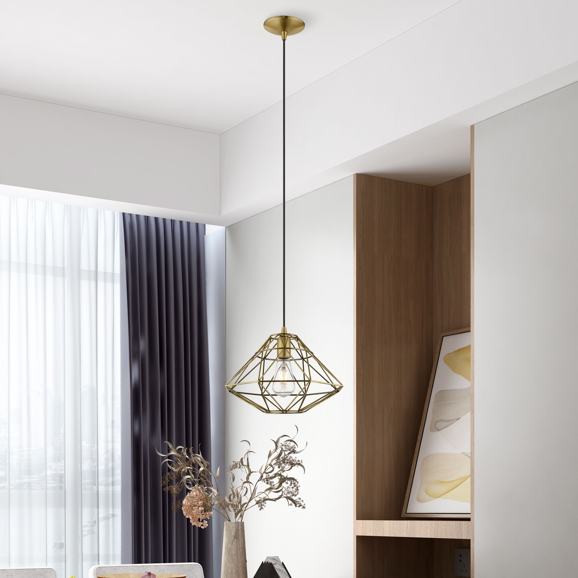 Geometric 1 Light 13.5 inch Antique Brass Mini Pendant Ceiling Light