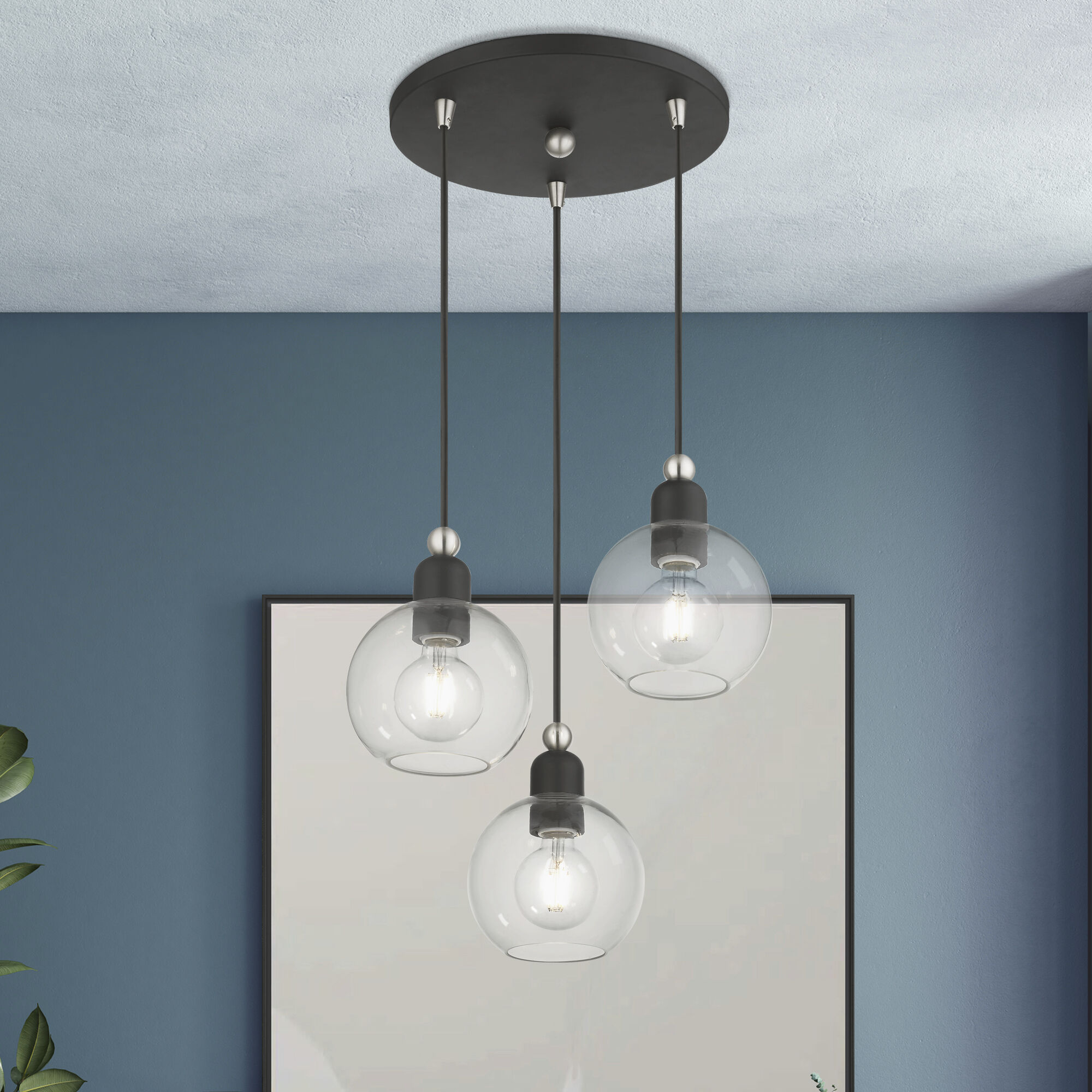 Downtown 3 Light 16 inch Black with Brushed Nickel Accents Multi Pendant Ceiling Light, Sphere