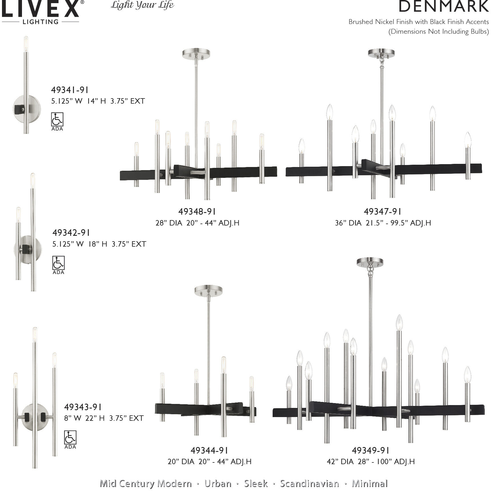 Denmark 12 Light Brushed Nickel with Black Accents Linear Chandelier Ceiling Light