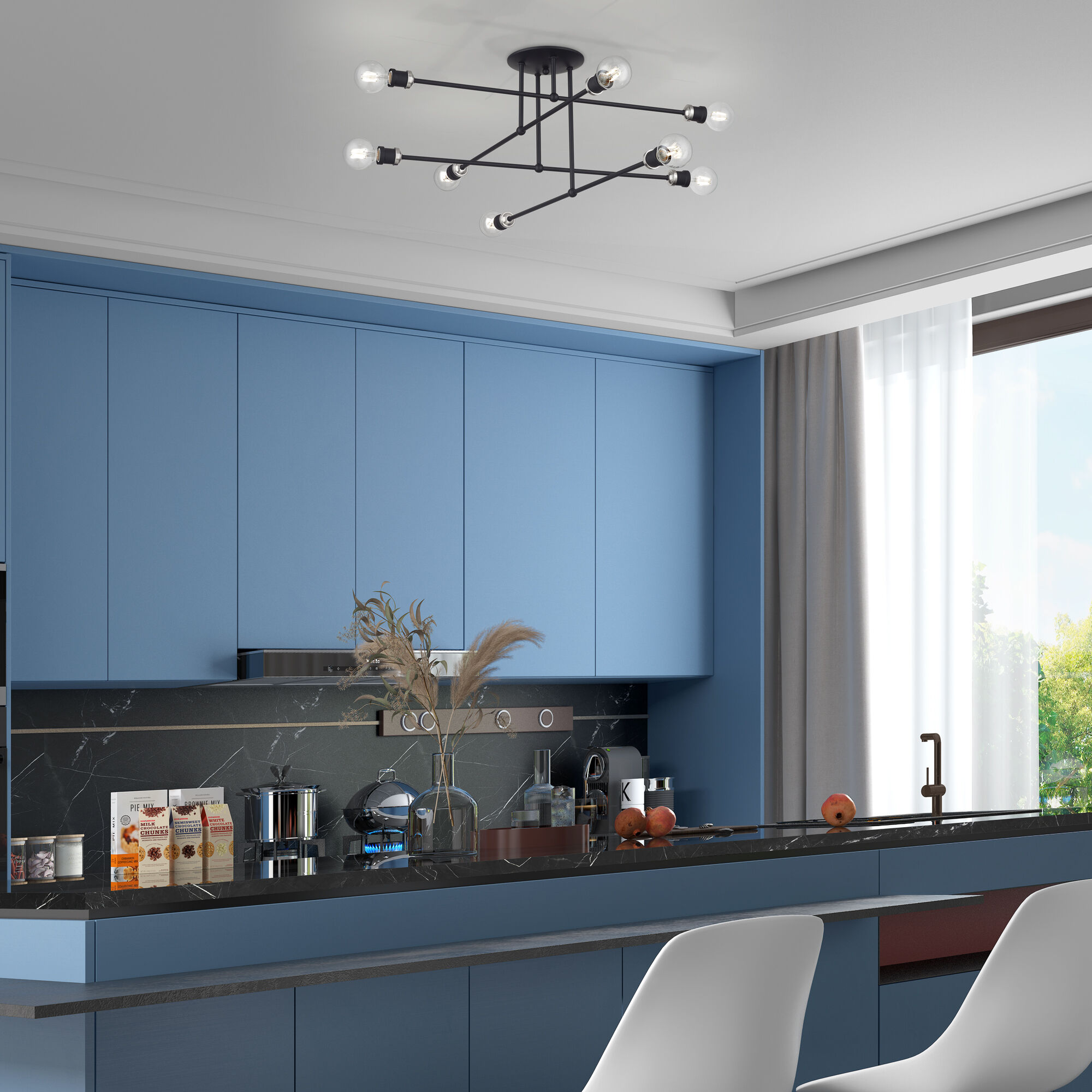 Delacroix 8 Light 35 inch Black with Brushed Nickel Accents Semi-Flush Ceiling Light