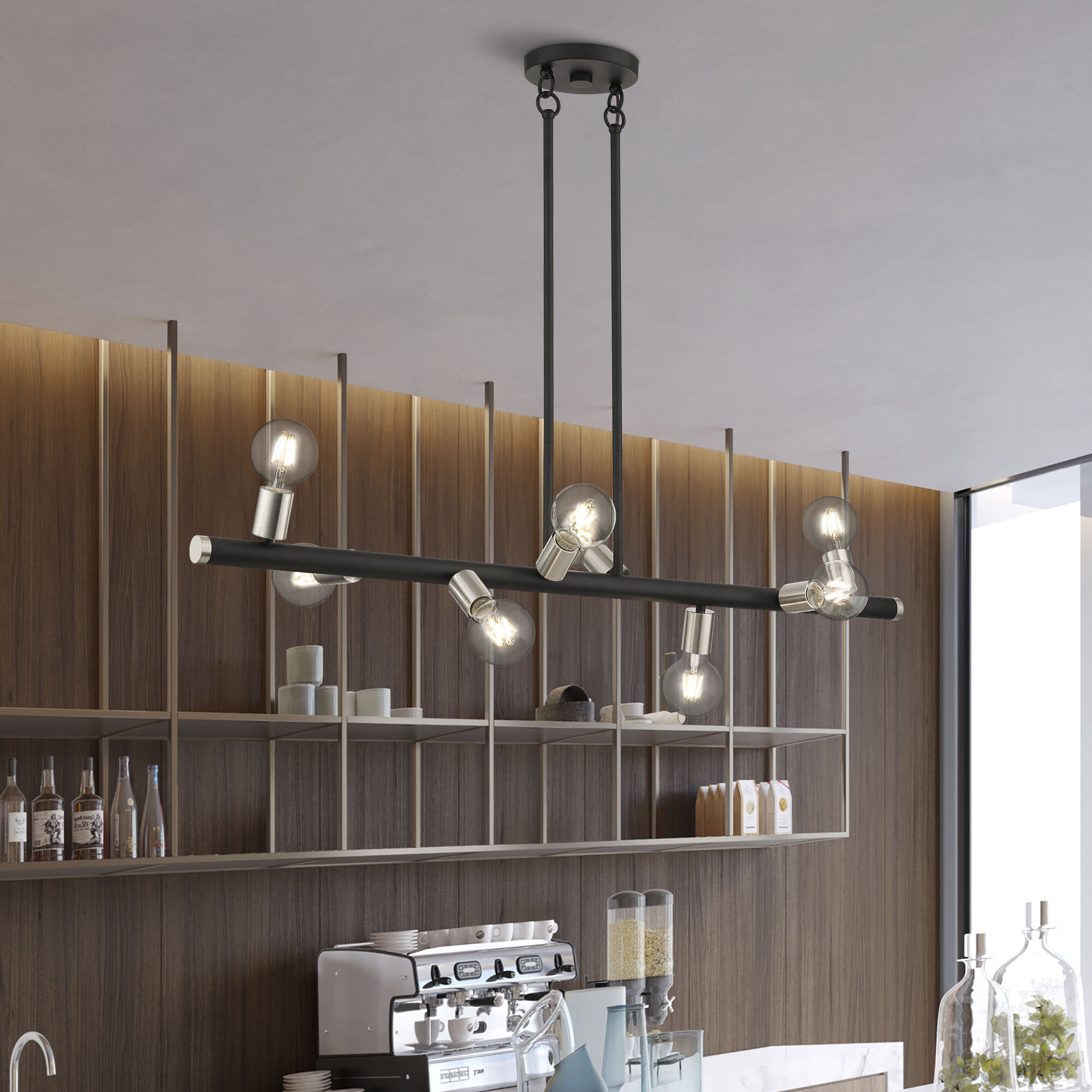 Bannister 8 Light 42 inch Black with Brushed Nickel Accents Linear Chandelier Ceiling Light, Large