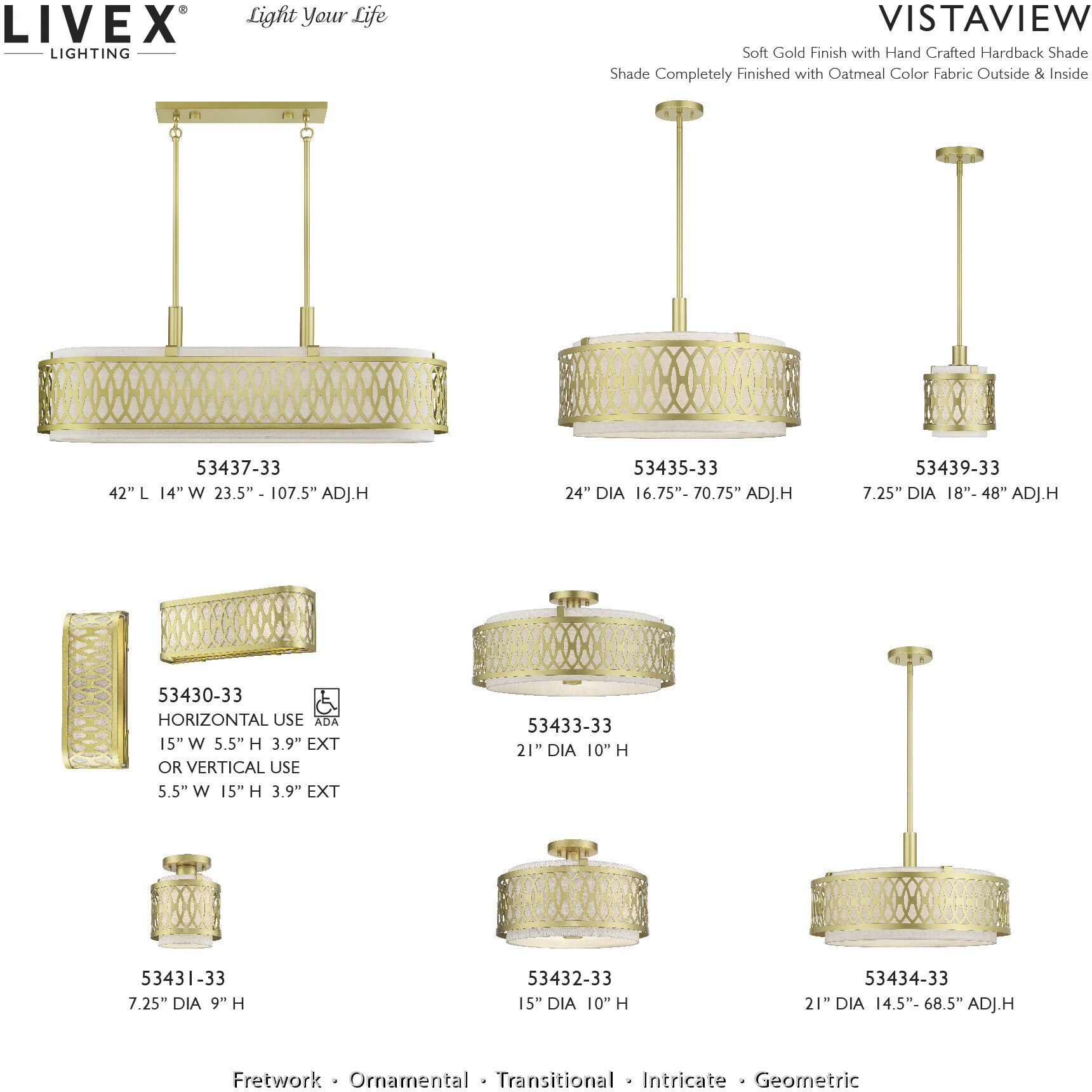 Livex Lighting 53432-33 Vistaview 3 Light 15 inch Soft Gold Semi
