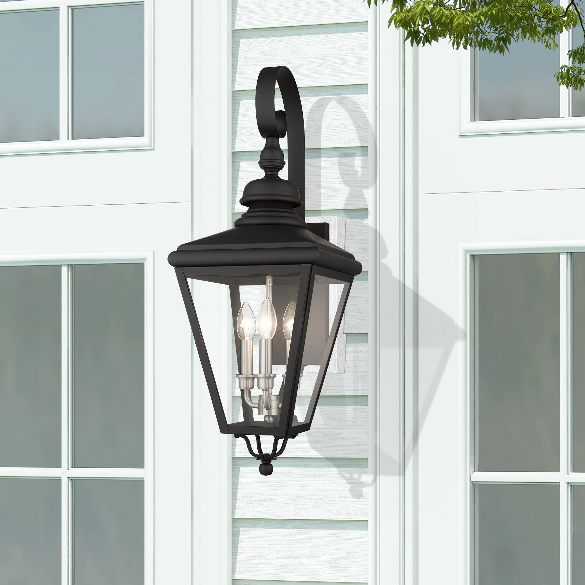 Adams 3 Light 10.63 inch Black with Brushed Nickel Finish Cluster Outdoor Large Wall Lantern Wall Light