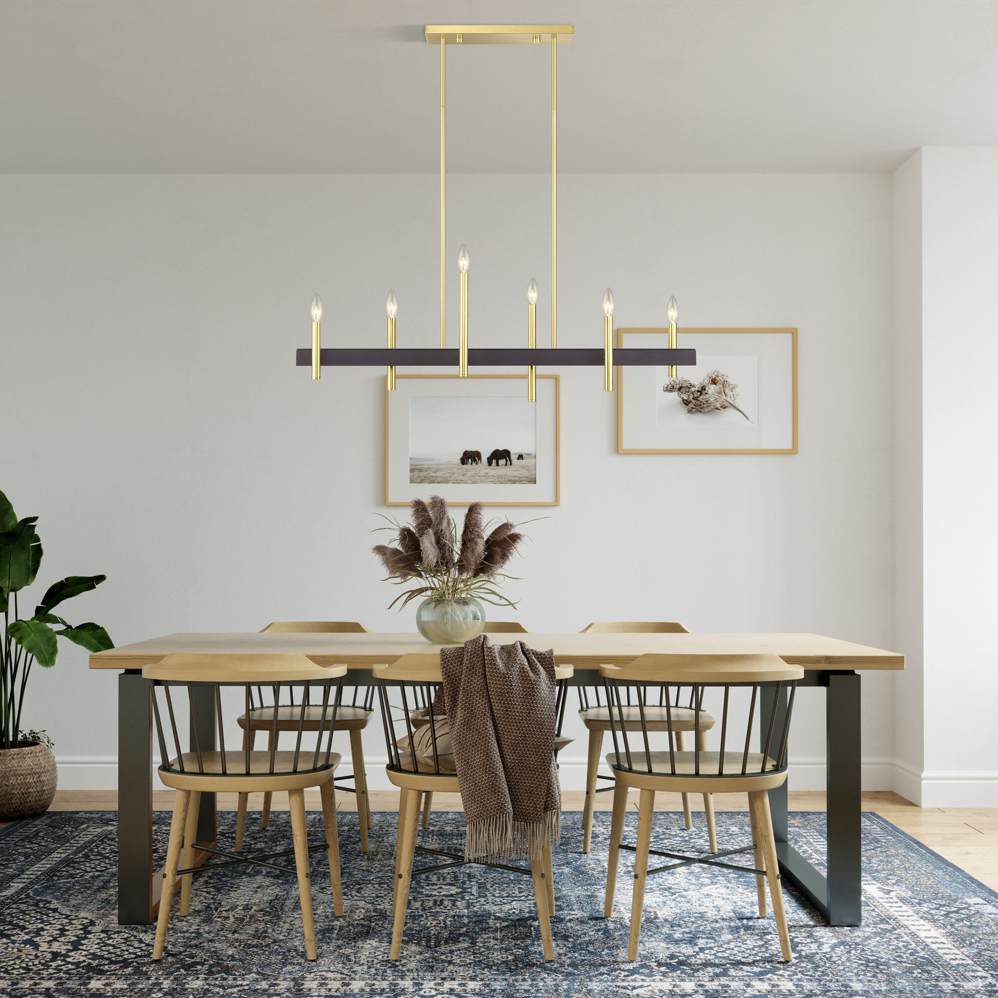 Denmark 6 Light 40 inch Satin Brass with Bronze Accents Linear Chandelier Ceiling Light