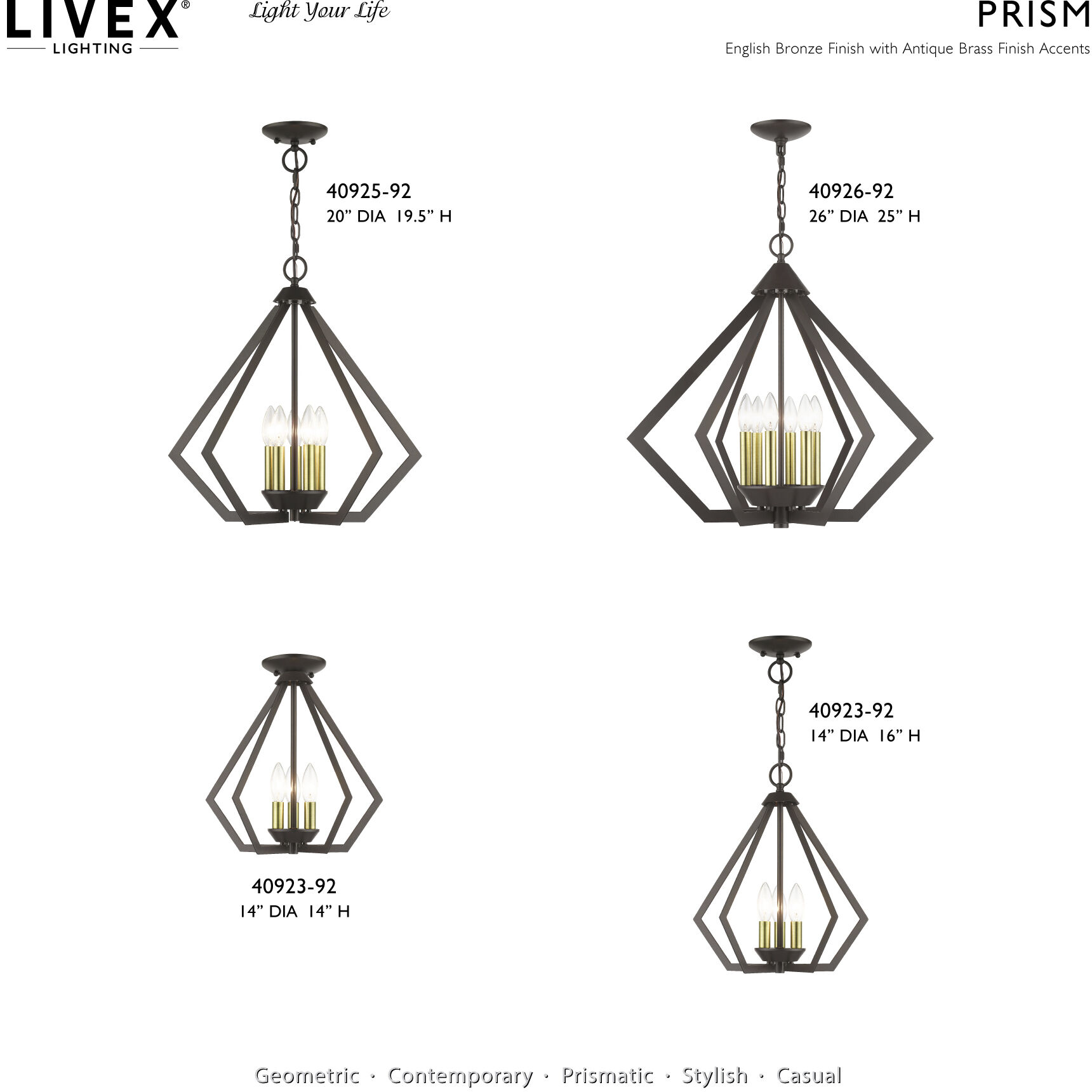 Prism 3 Light 14 inch English Bronze with Antique Brass Finish Accents Semi Flush Mount Ceiling Light