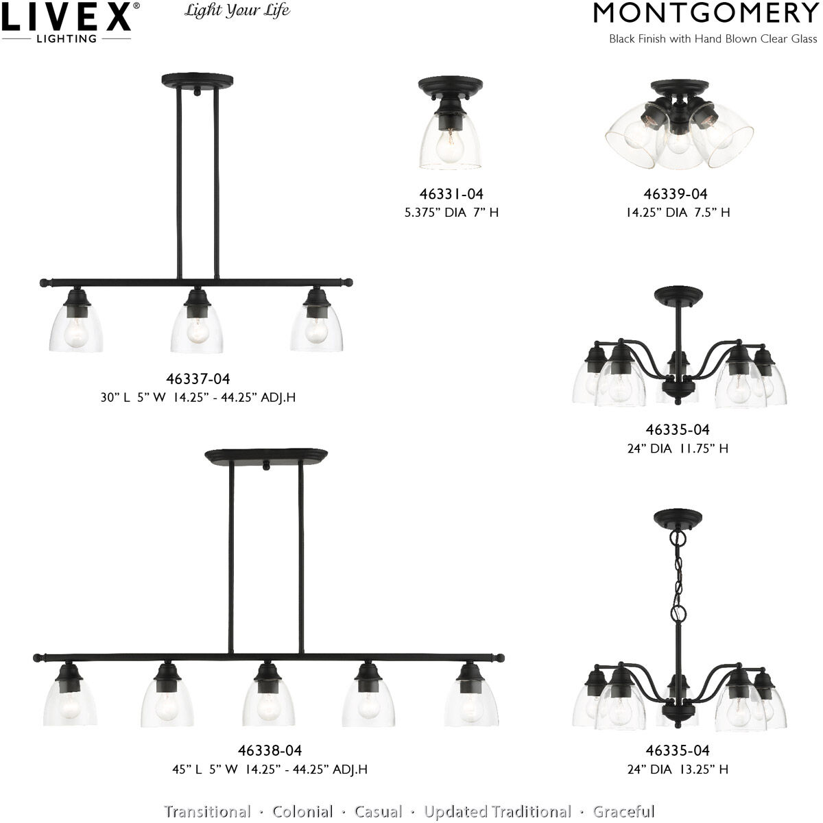 Montgomery 5 Light 45 inch Black Linear Chandelier Ceiling Light