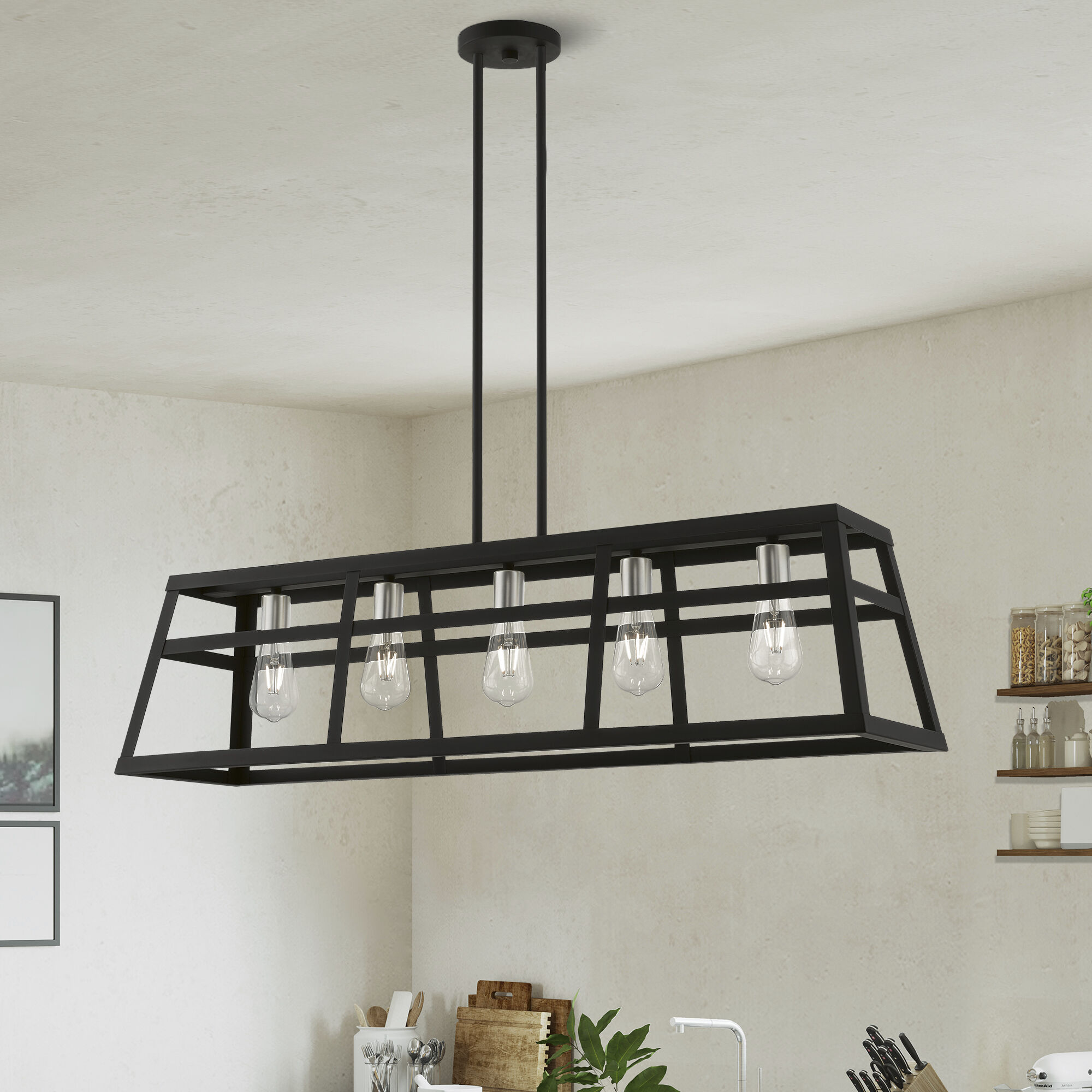 Schofield 5 Light 40 inch Black with Brushed Nickel Accents Linear Chandelier Ceiling Light