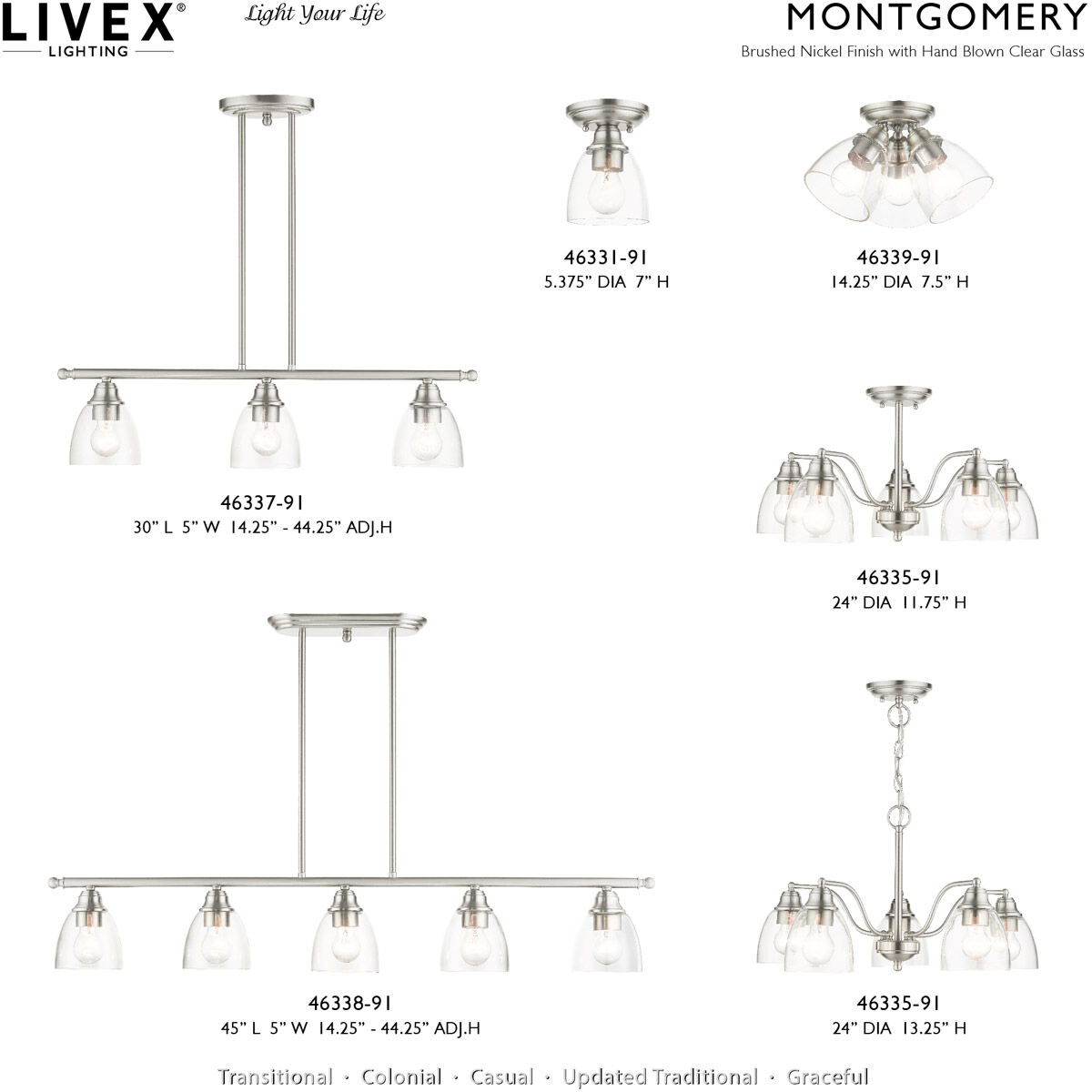 Montgomery 5 Light 45 inch Brushed Nickel Linear Chandelier Ceiling Light