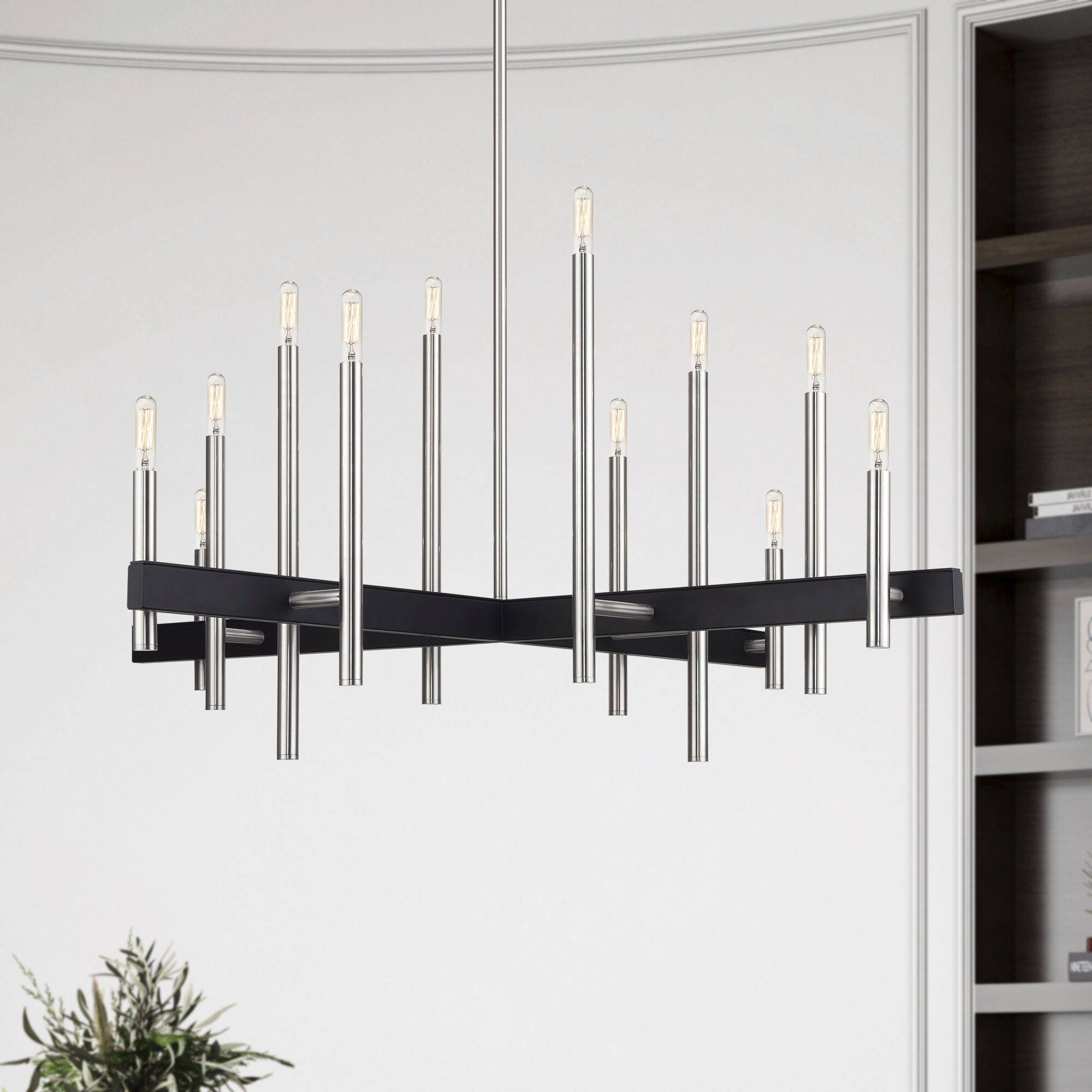 Denmark 12 Light Brushed Nickel with Black Accents Linear Chandelier Ceiling Light