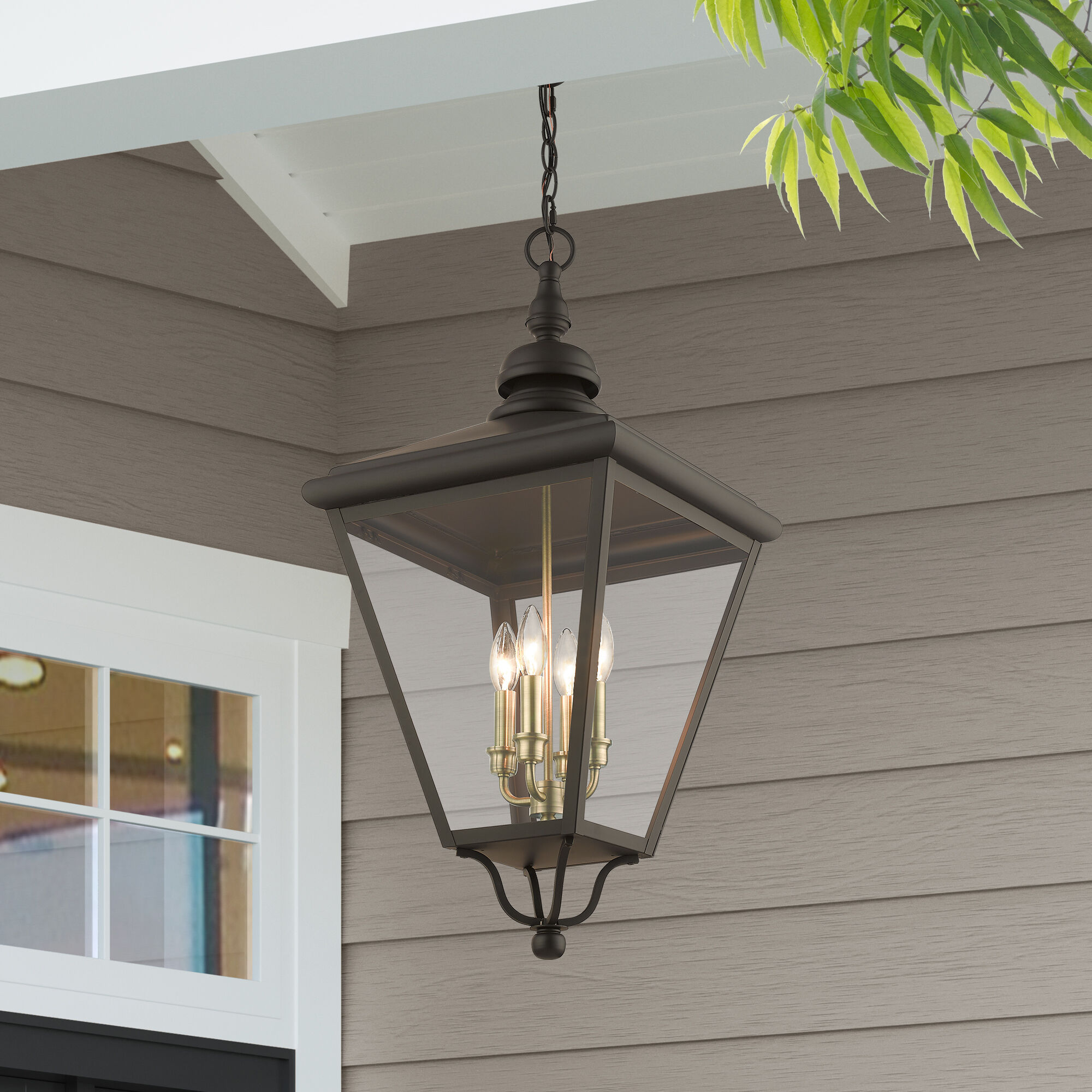 Adams 4 Light 14.25 inch Bronze with Antique Brass Finish Cluster Outdoor Extra Large Pendant Lantern Ceiling Light in Bronze with Antique Brass Accent