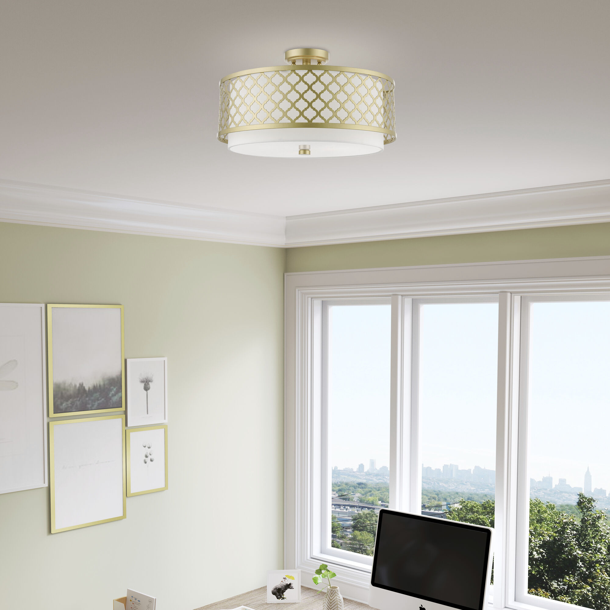 Arabesque 3 Light 18 inch Soft Gold Semi-Flush Ceiling Light, Large