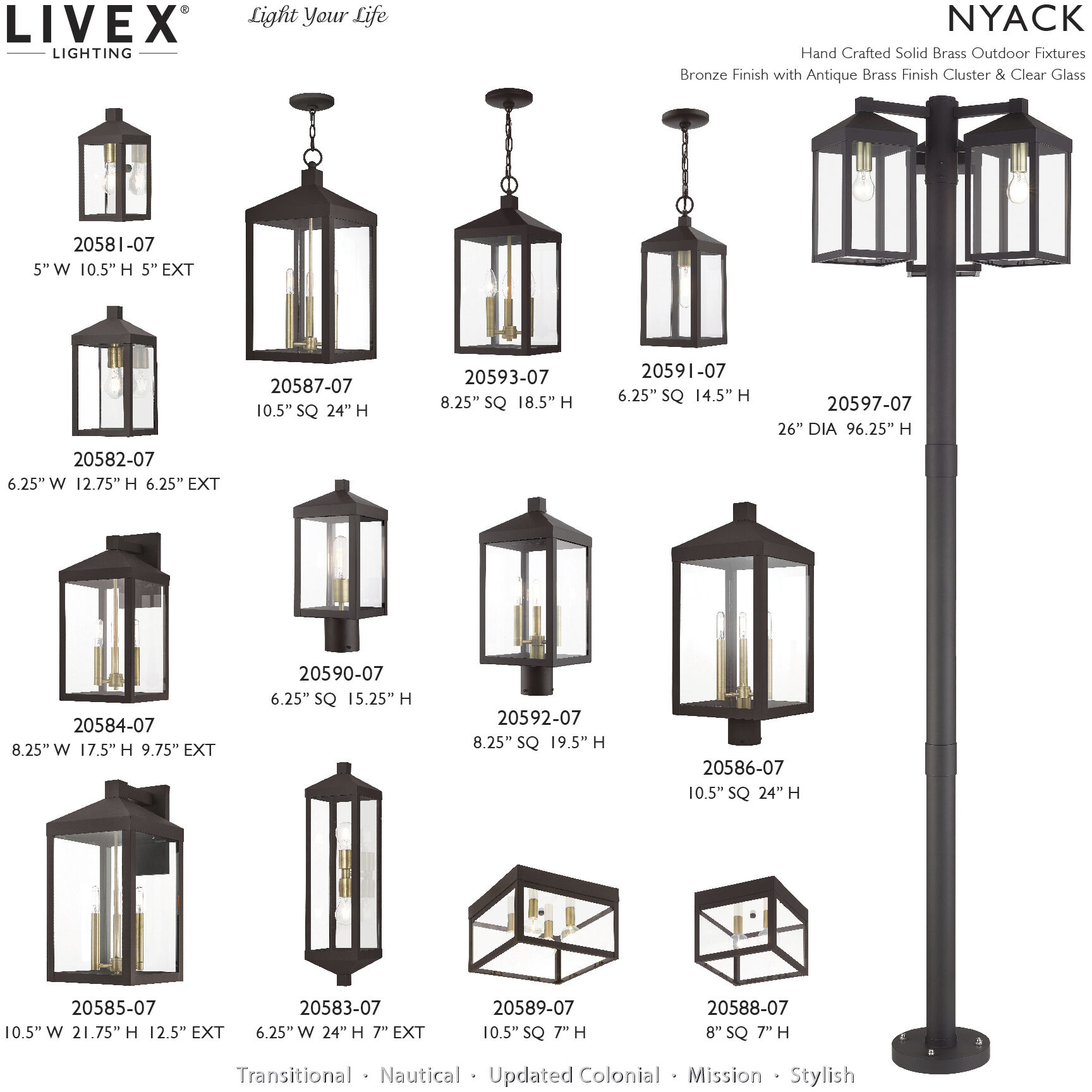 Nyack 3 Light 96.25 inch Bronze with Antique Brass Accents Outdoor 3 Head Post Light