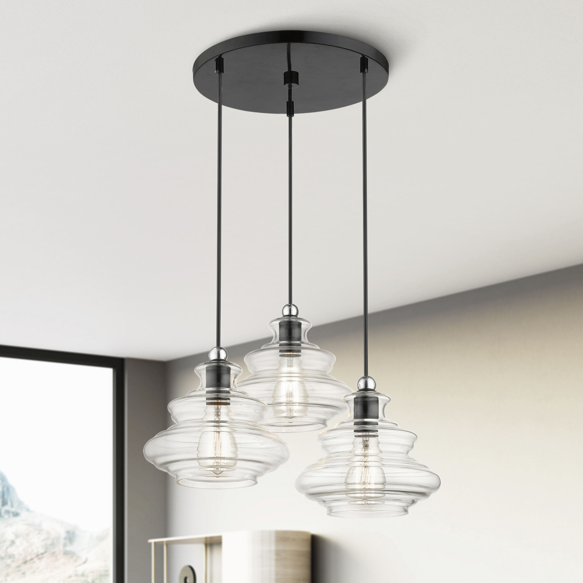 Everett 3 Light 20 inch Shiny Black with Chrome Finish Accents Pendant Chandelier Ceiling Light