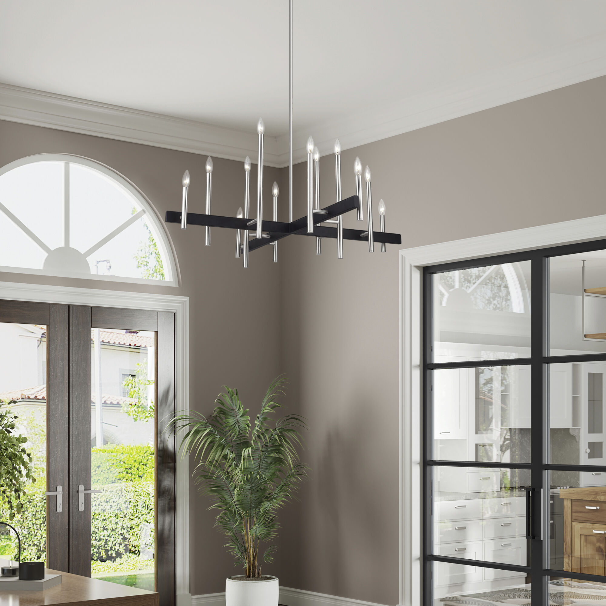 Denmark 12 Light Brushed Nickel with Black Accents Linear Chandelier Ceiling Light