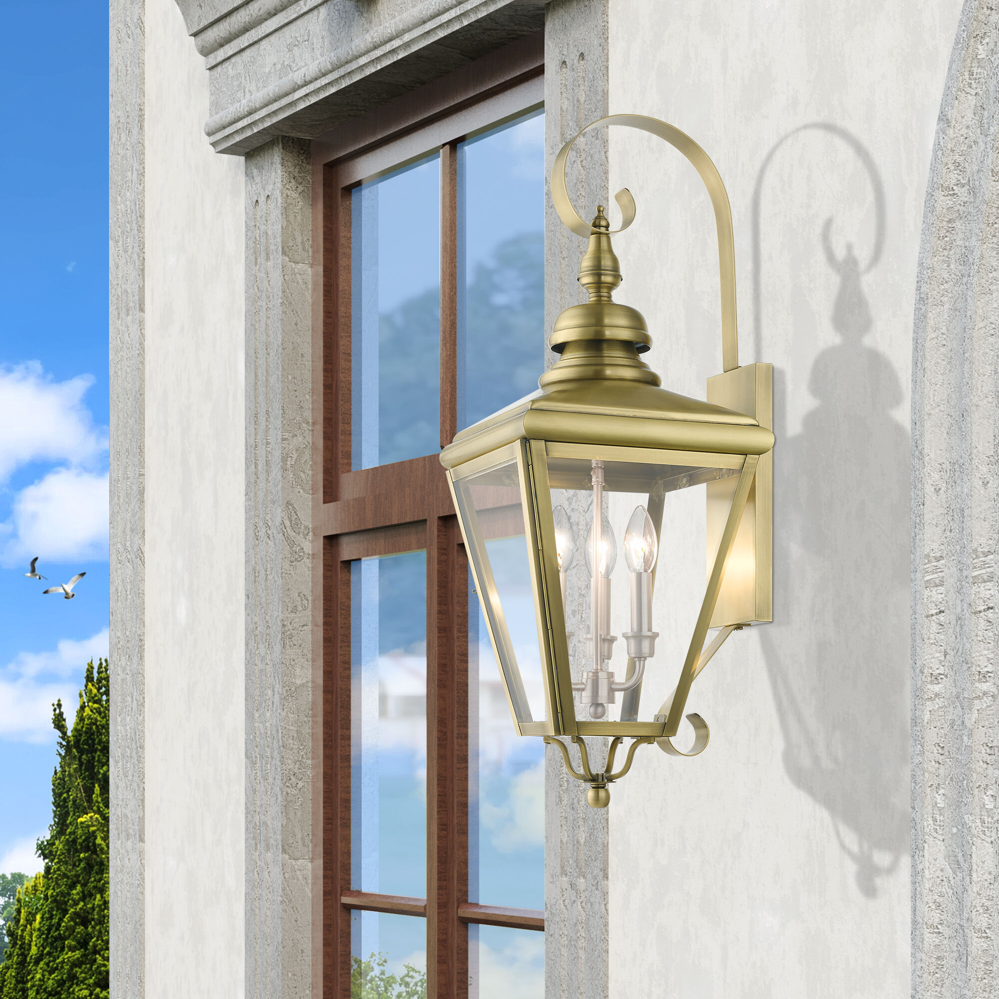 Adams 3 Light 10.63 inch Antique Brass with Brushed Nickel Finish Cluster Outdoor Large Wall Lantern Wall Light