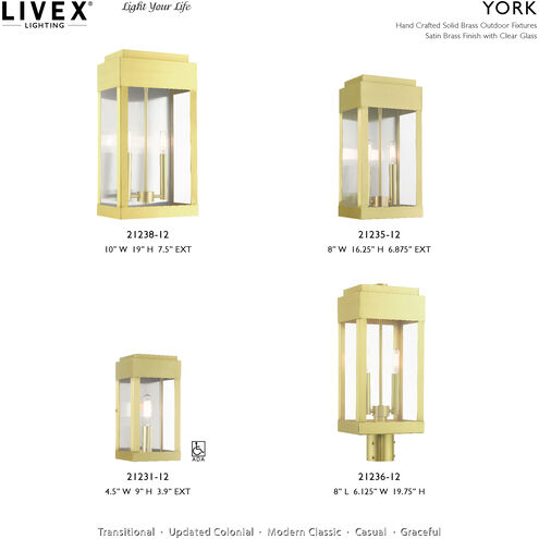 York 2 Light 19 inch Satin Brass Outdoor Wall Lantern