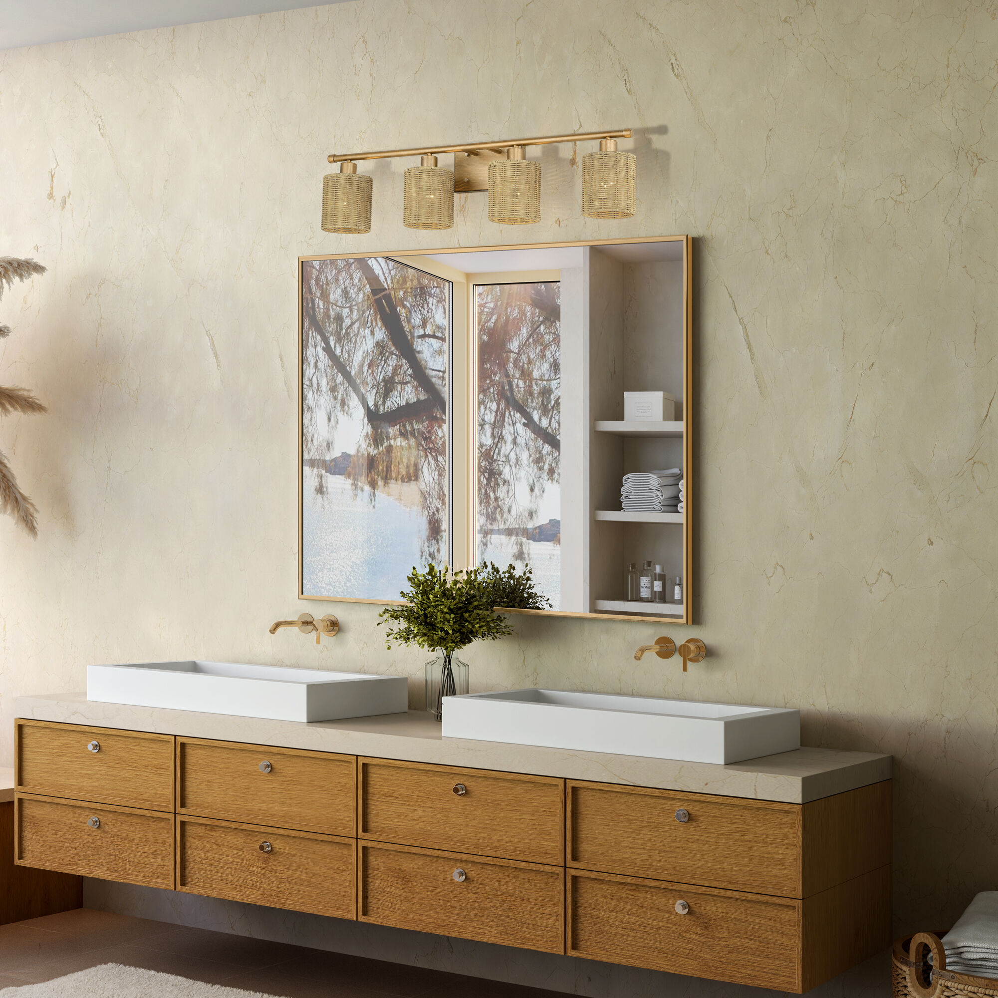 Weavington 4 Light 35.5 inch Antique Gold Leaf Vanity Wall Sconce Wall Light