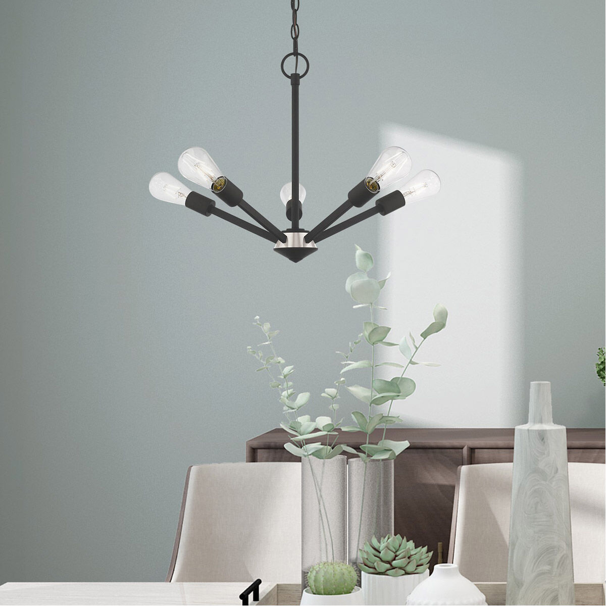 Prague 5 Light 20 inch Black with Brushed Nickel Accents Chandelier Ceiling Light